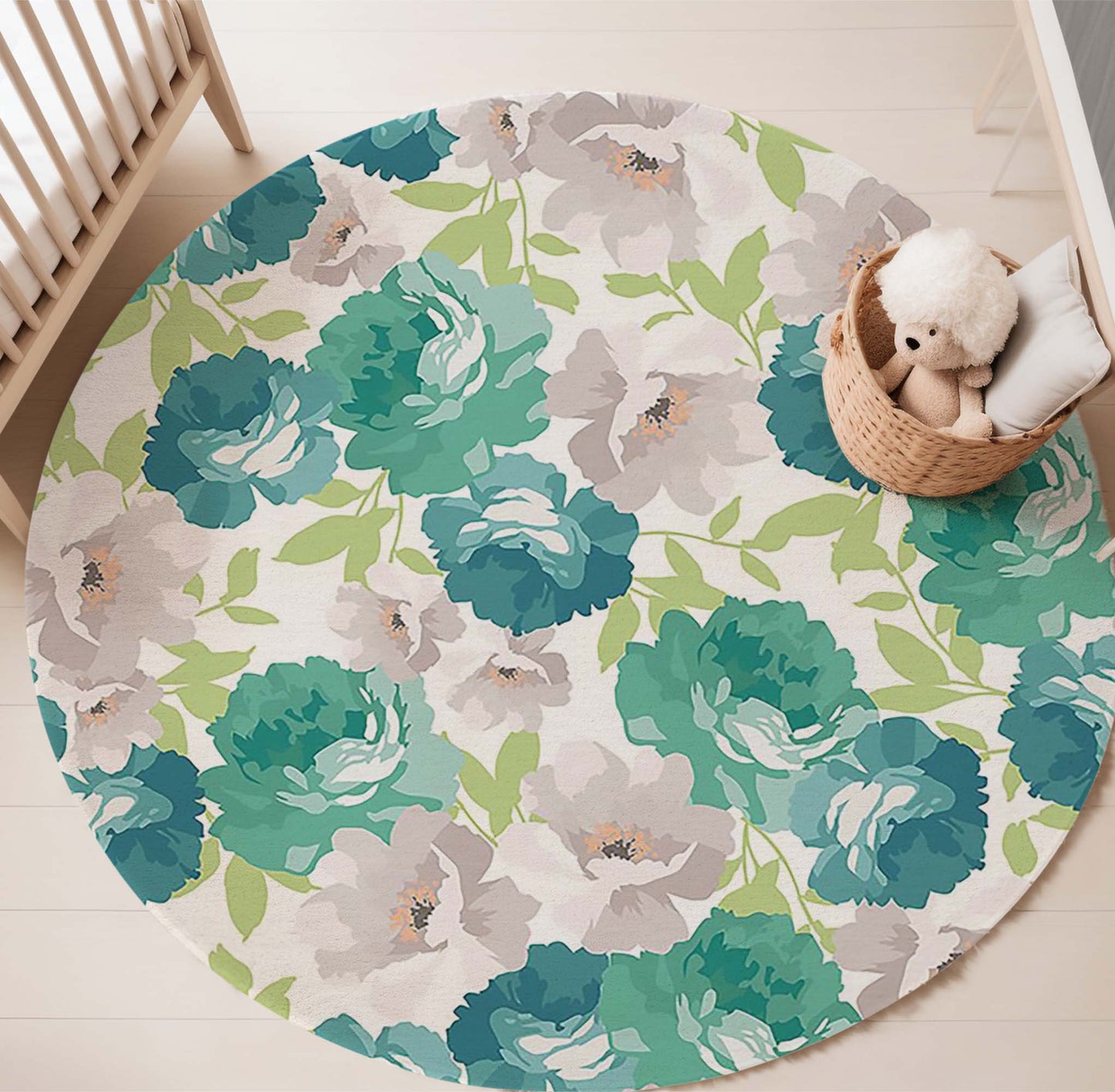 Green White Floral Round Rug