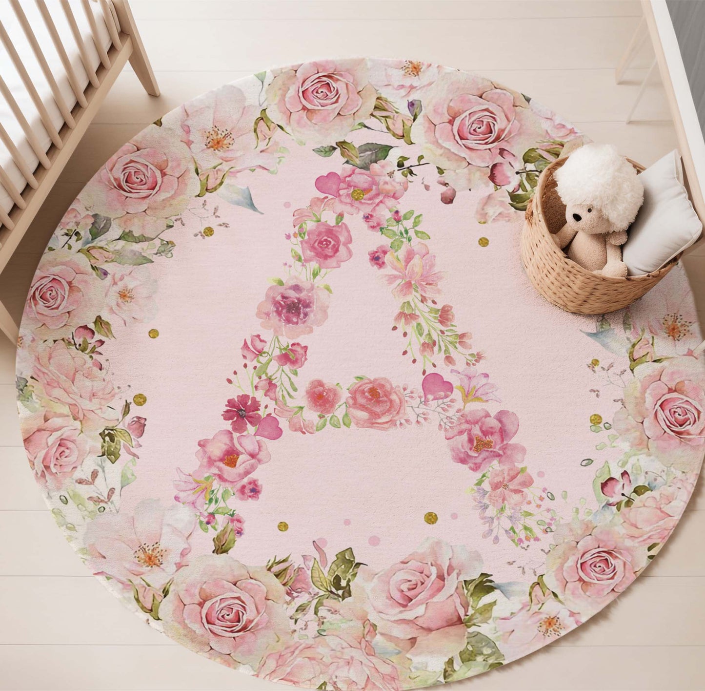 Rose Floral Alphabet Round Rug