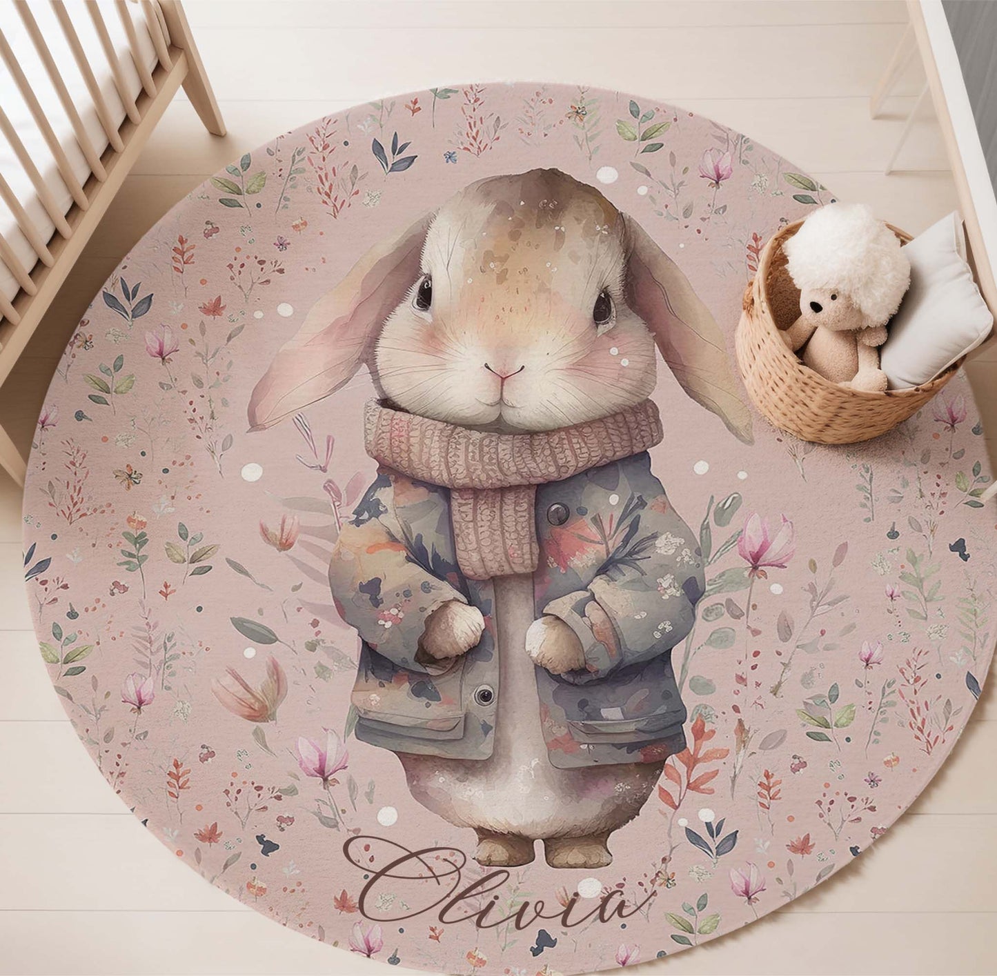 Floral Bunny Round Rug