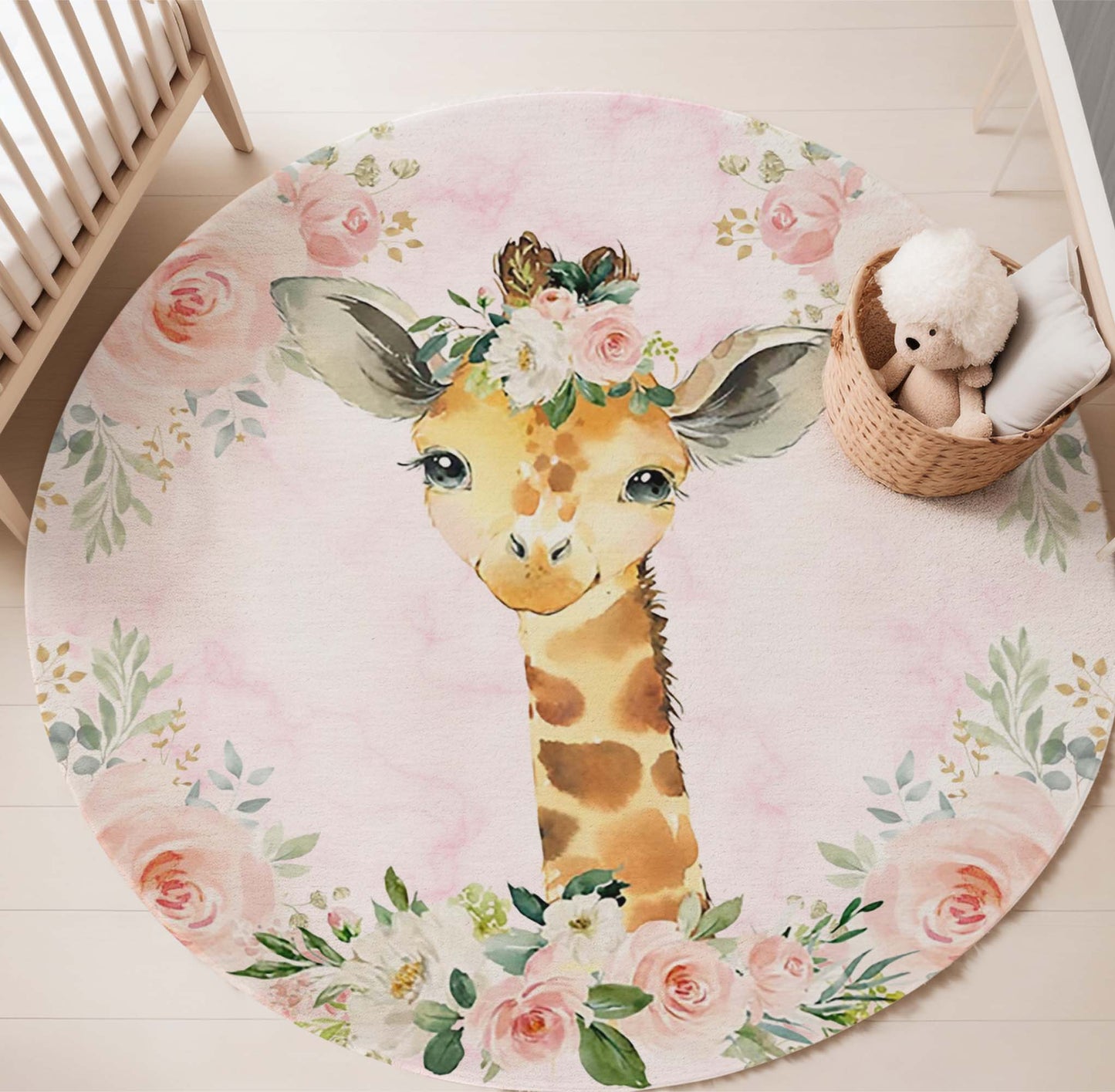 Baby Giraffe Rose Floral Round Rug