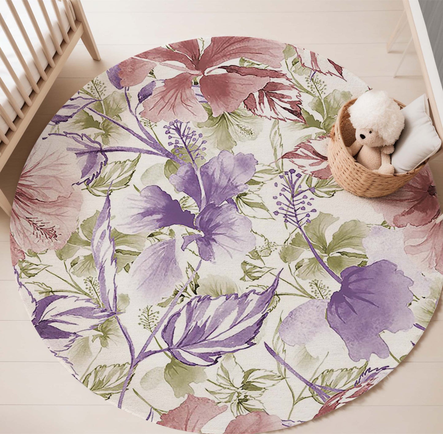 Purple Red Floral Round Rug