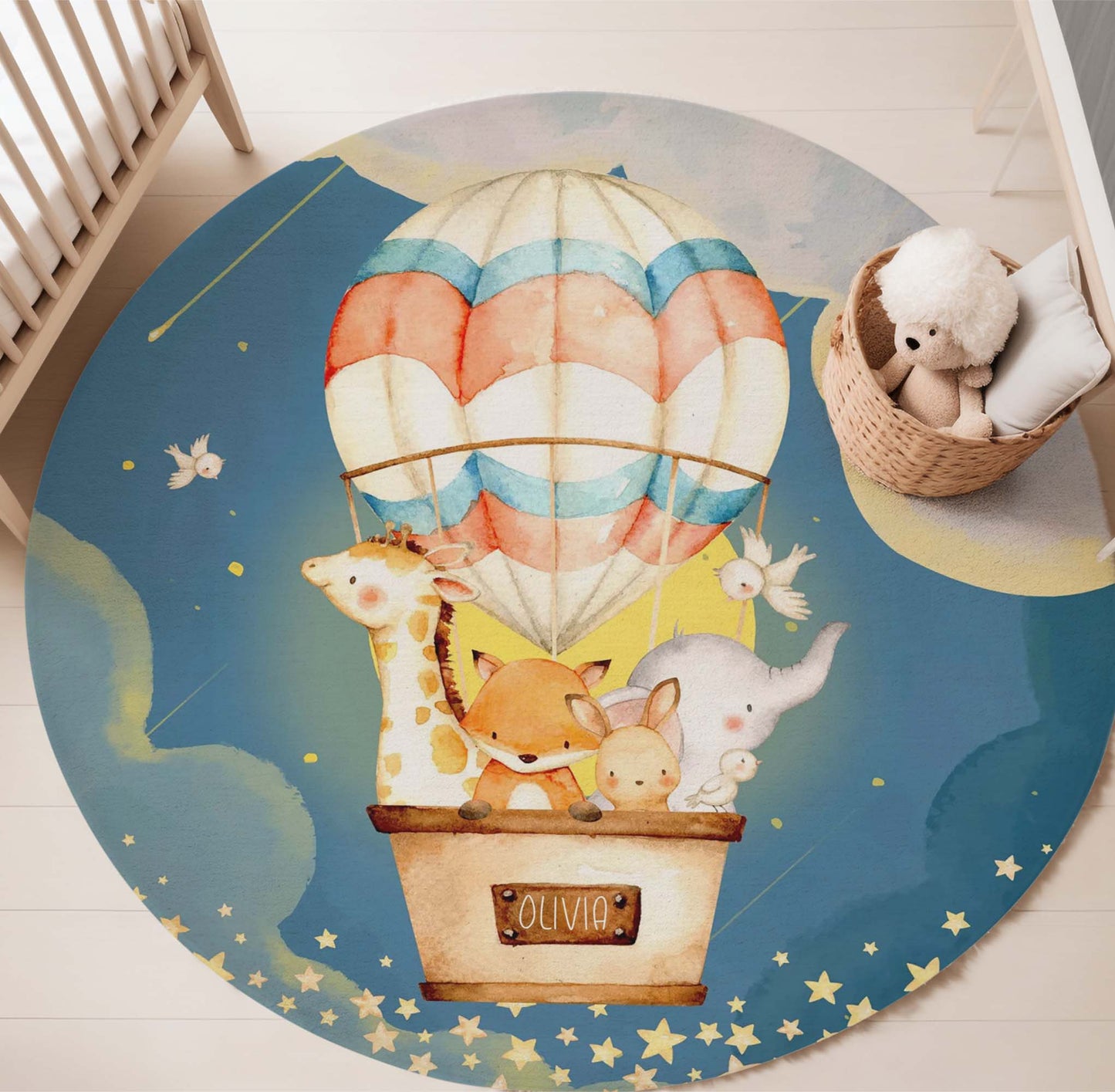 Hot Air Balloon Safari Animals Round Rug