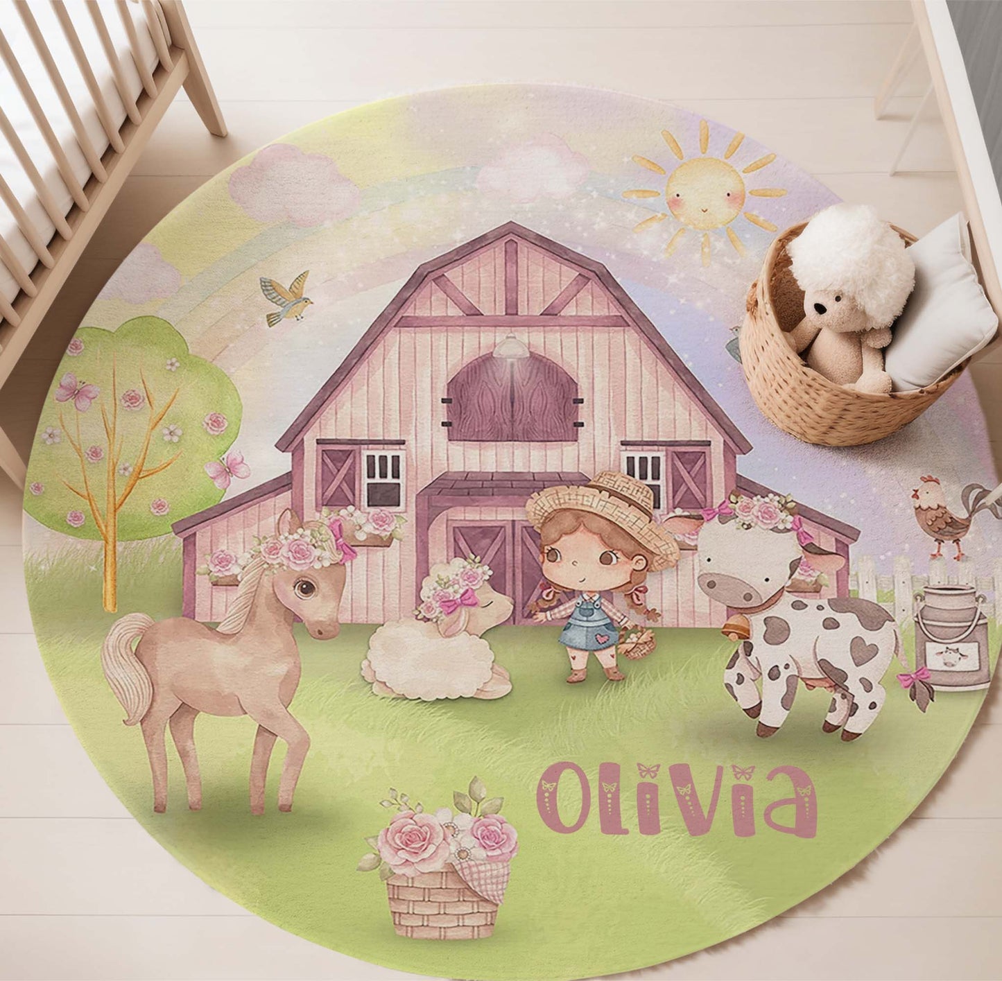 Farm Animals Girl Round Rug