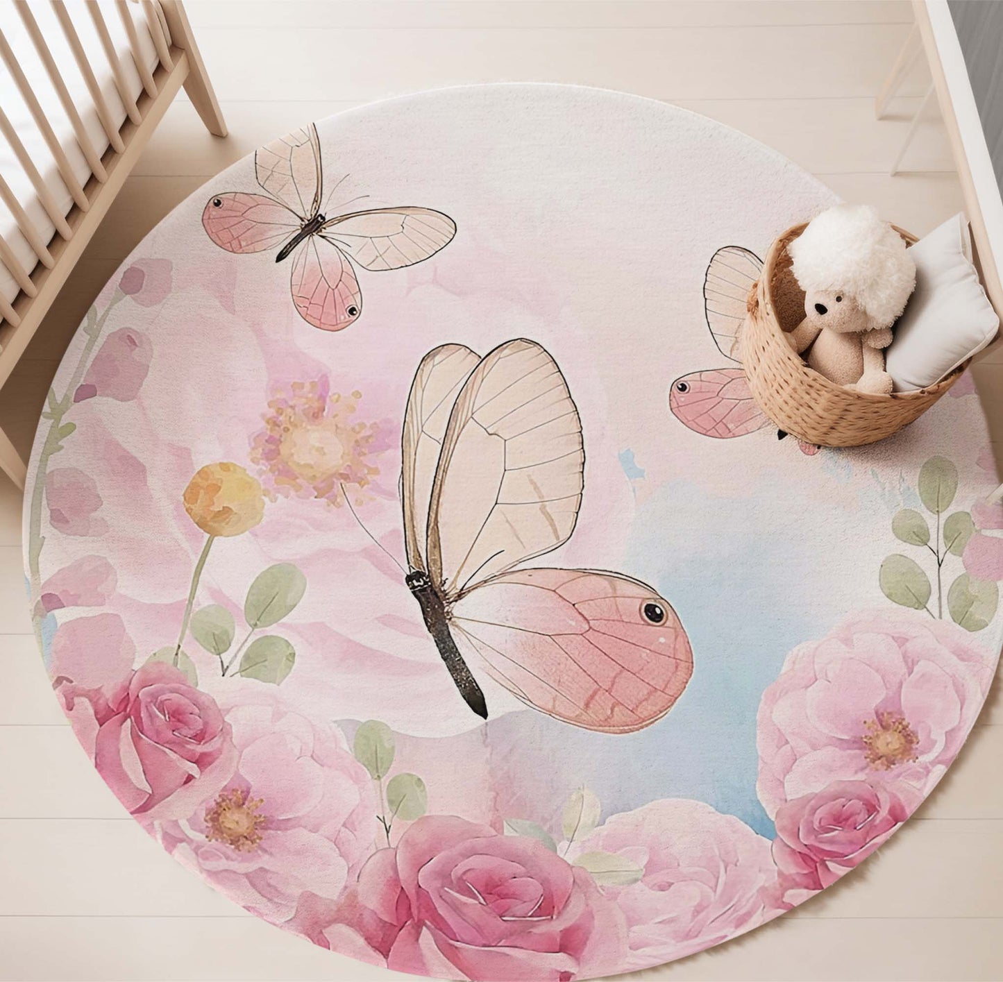 Spring Floral Butterfly Round Rug