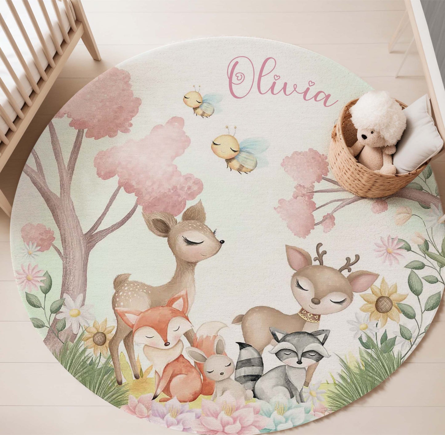 Woodland Animals Floral Round Rug