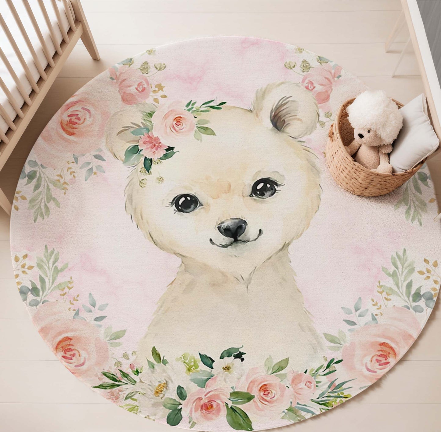 Baby Polar Bear Rose Floral Round Rug