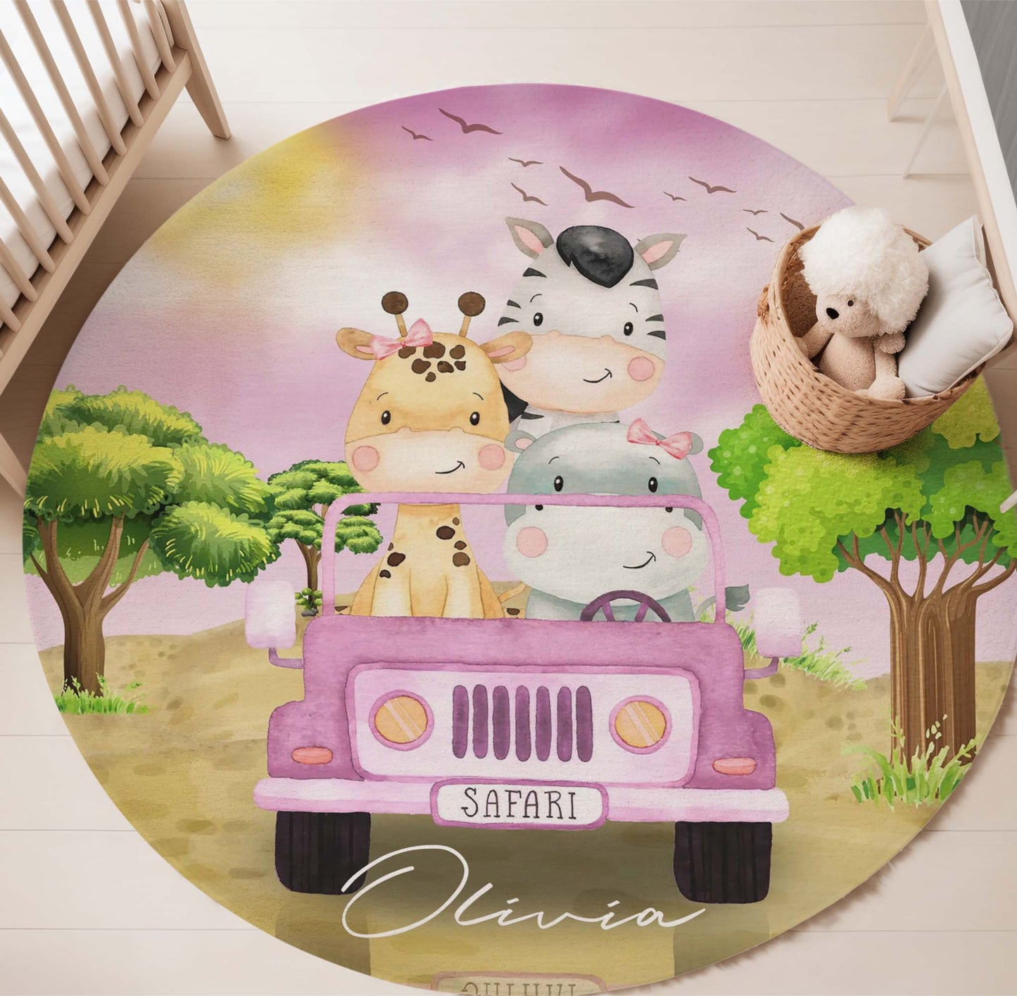 Safari Animals In Car Round Rug