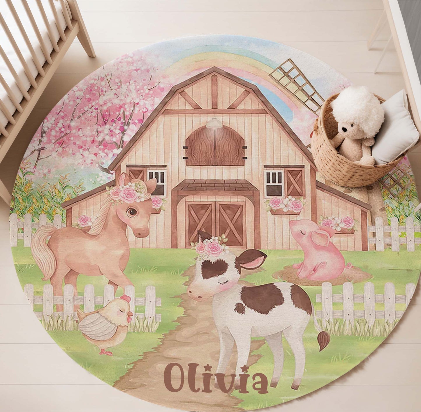 Farm Animals Floral Round Rug