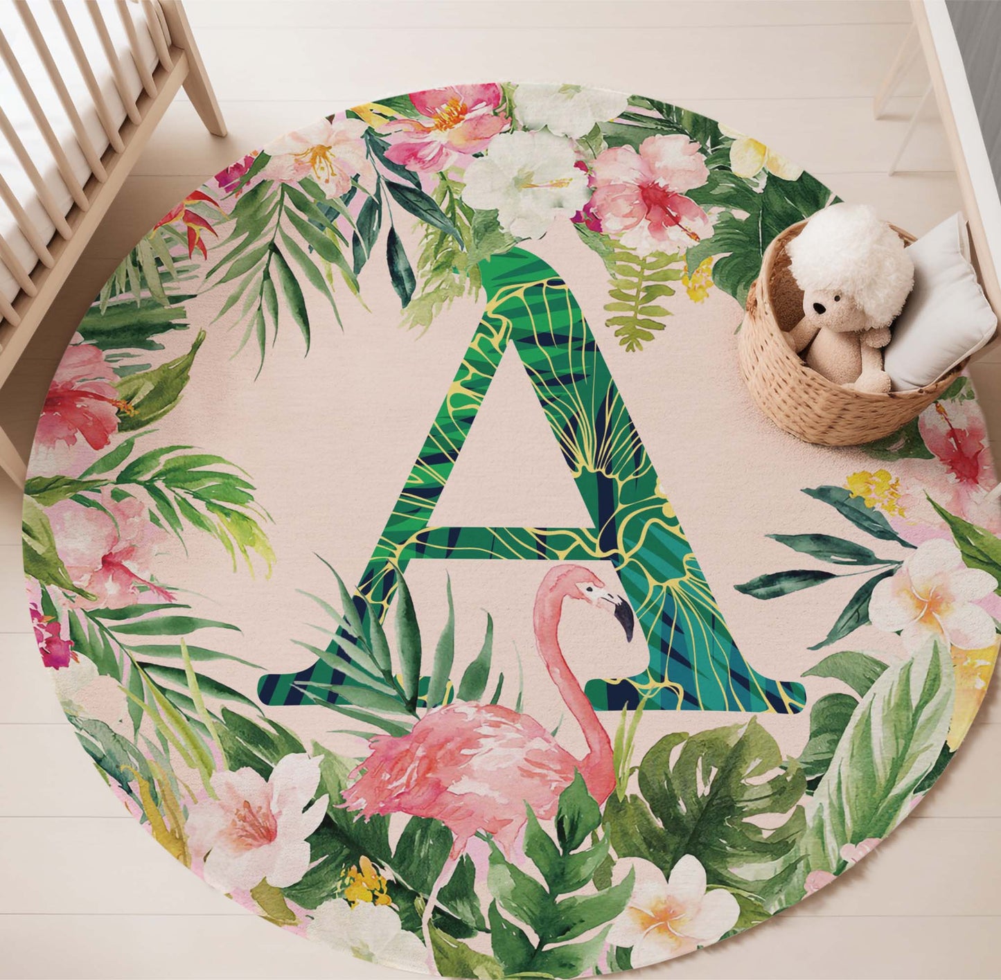 Tropical Flamingo Alphabet Round Rug