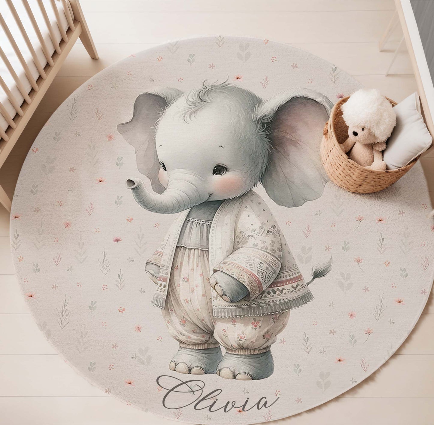 Spring Floral Elephant Round Rug