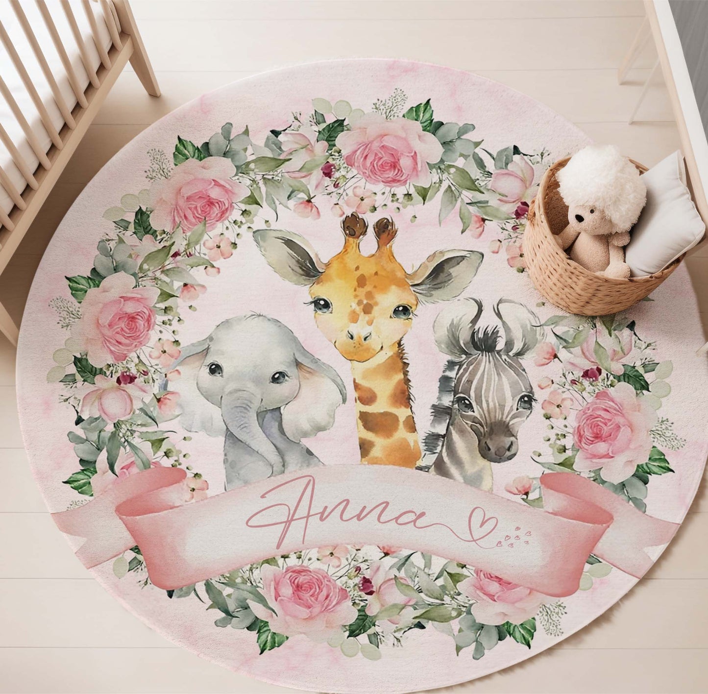 Safari Animals Rose Floral Round Rug