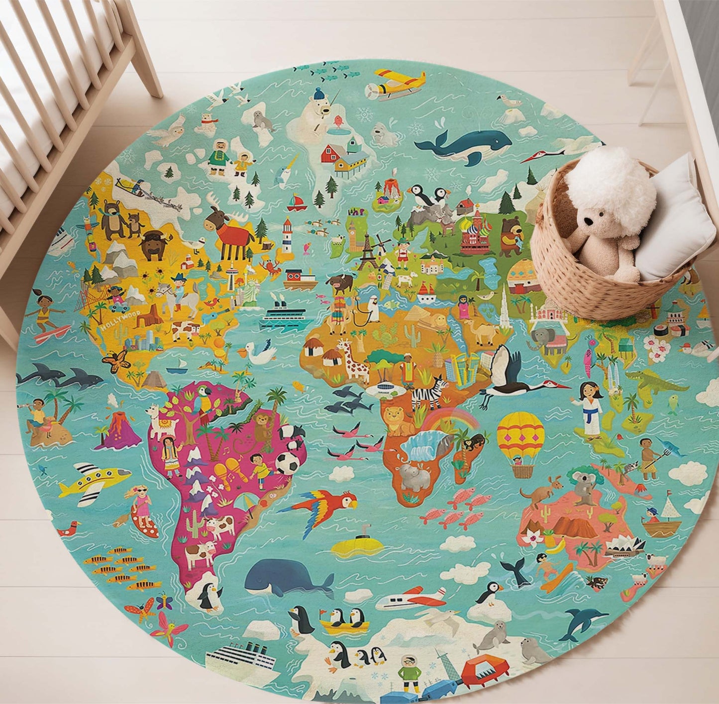 Animal World Map Round Rug