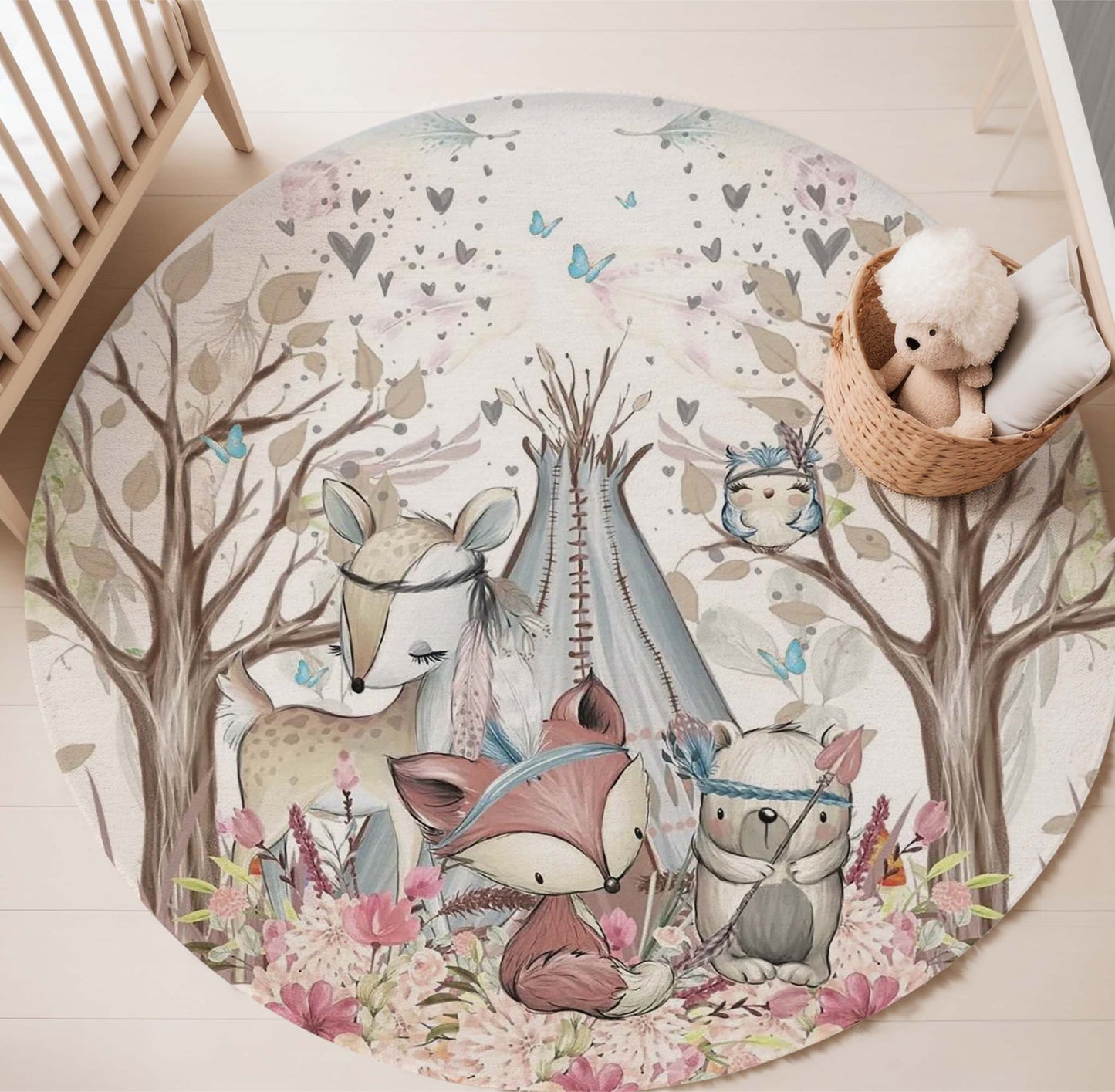 Boho Woodland Animals Round Rug