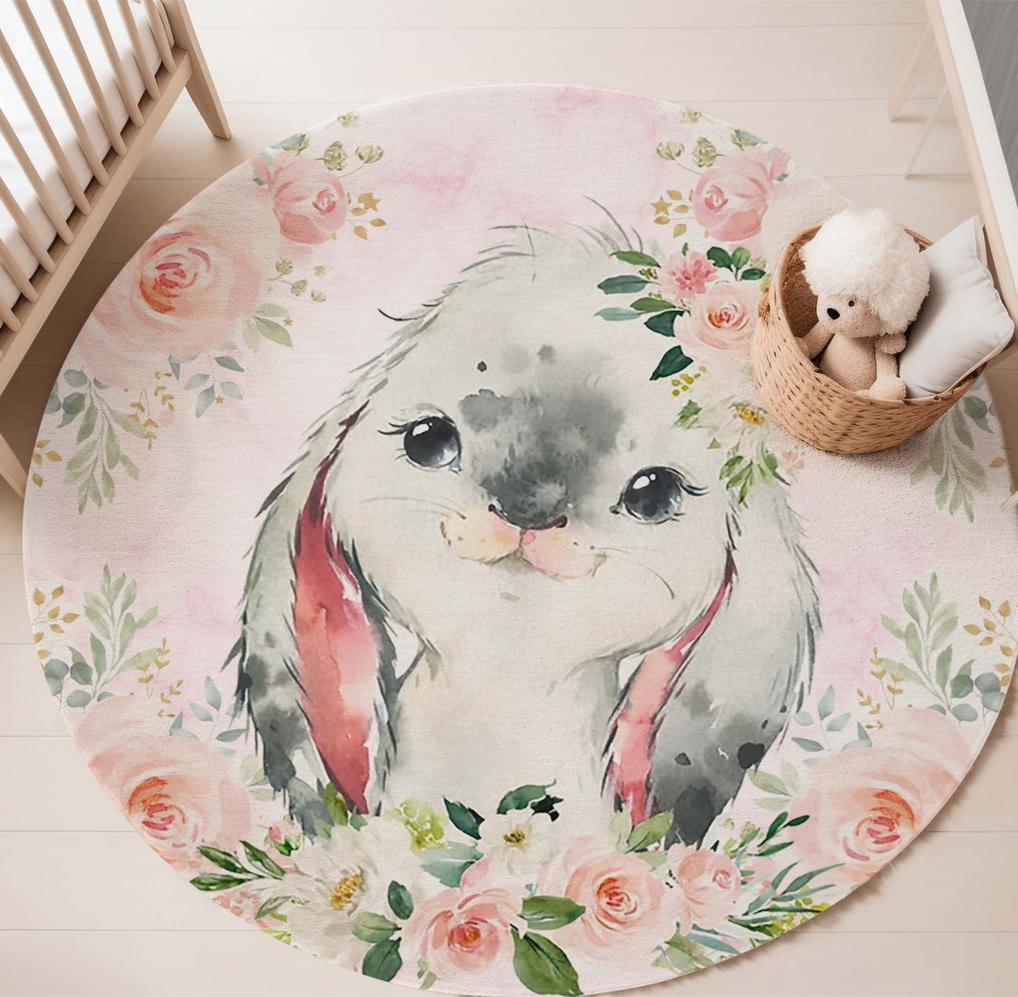 Baby Rabbit Rose Floral Round Rug