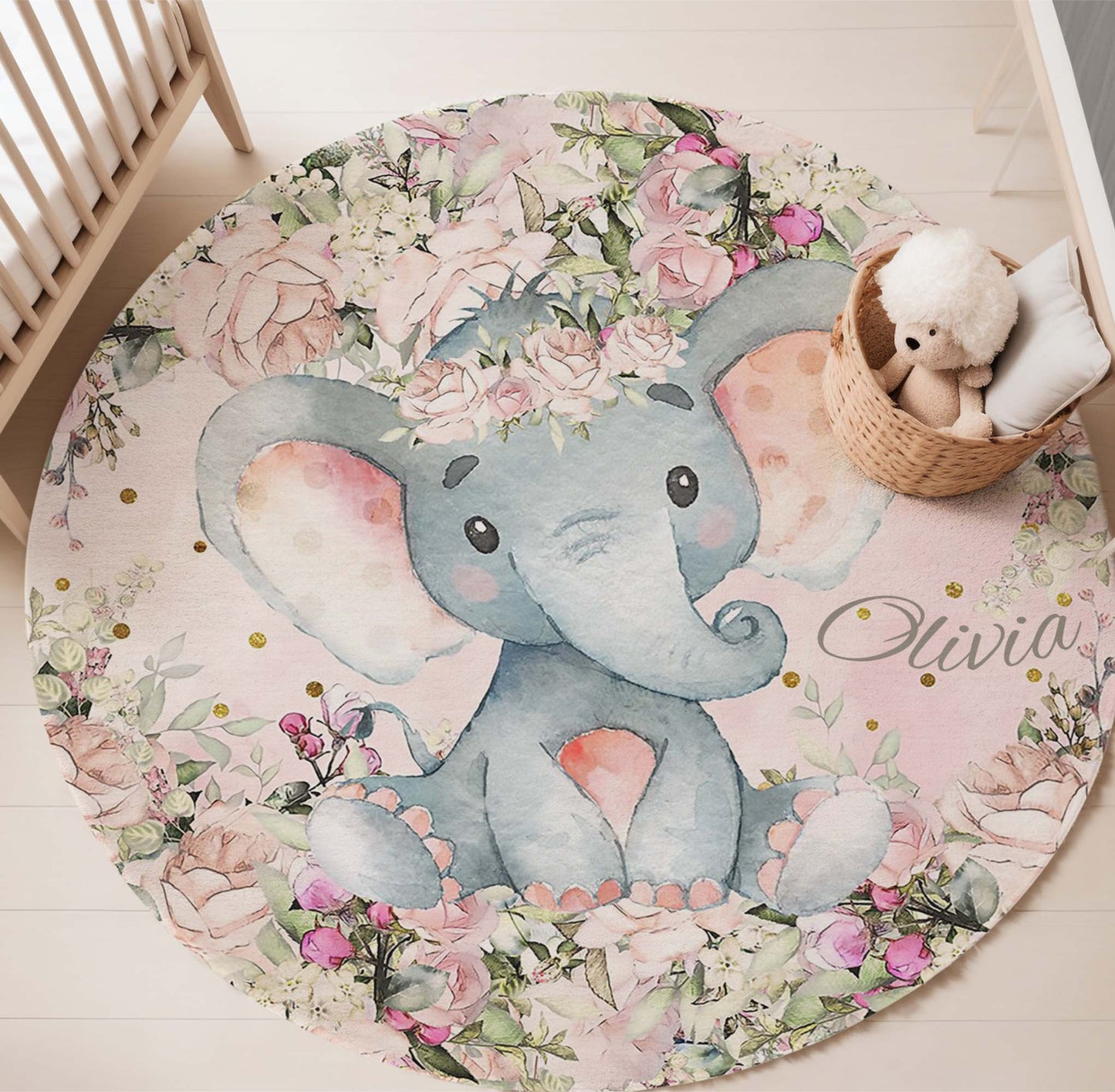 Baby Elephant Rose Floral Round Rug