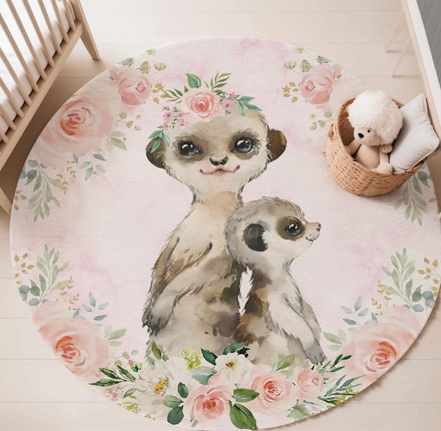 Mom And Baby Meerkat Rose Floral Round Rug