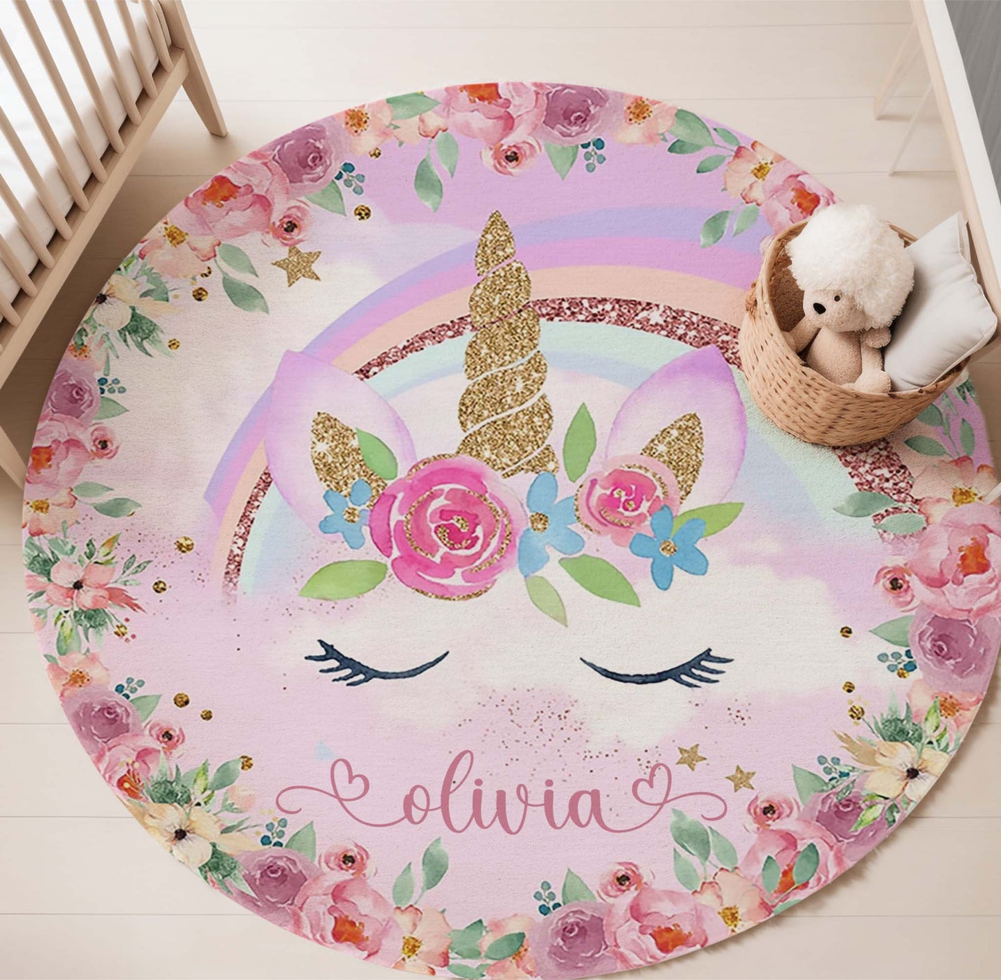 Unicorn Face Floral Round Rug