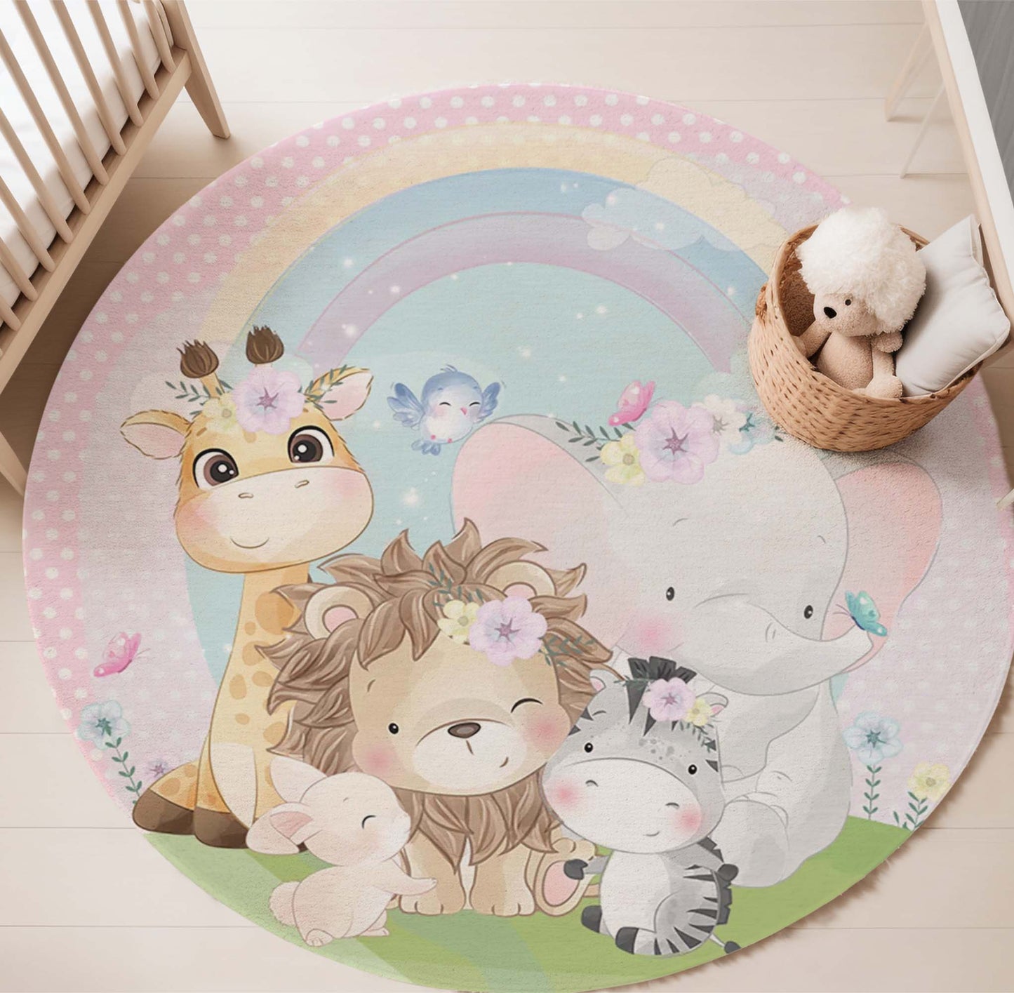 Rainbow Safari Animals Round Rug