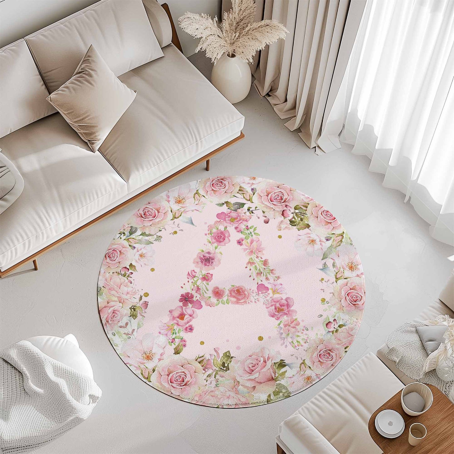 Rose Floral Alphabet Round Rug