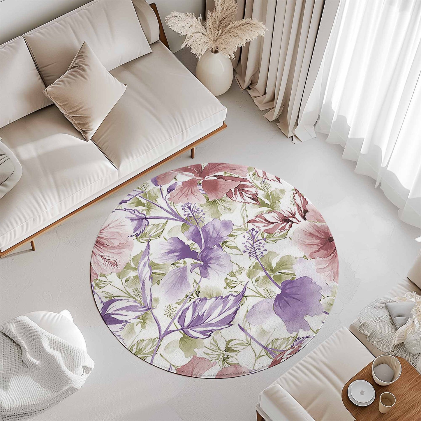 Purple Red Floral Round Rug