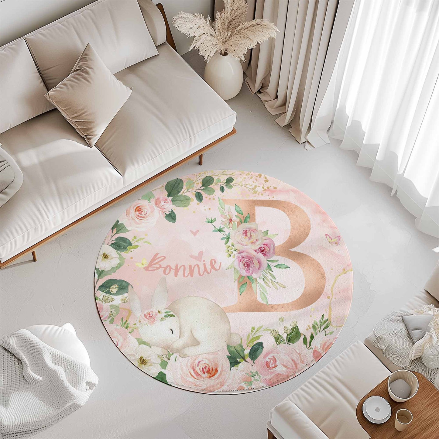 Baby Bunny Rose Floral Alphabet Round Rug