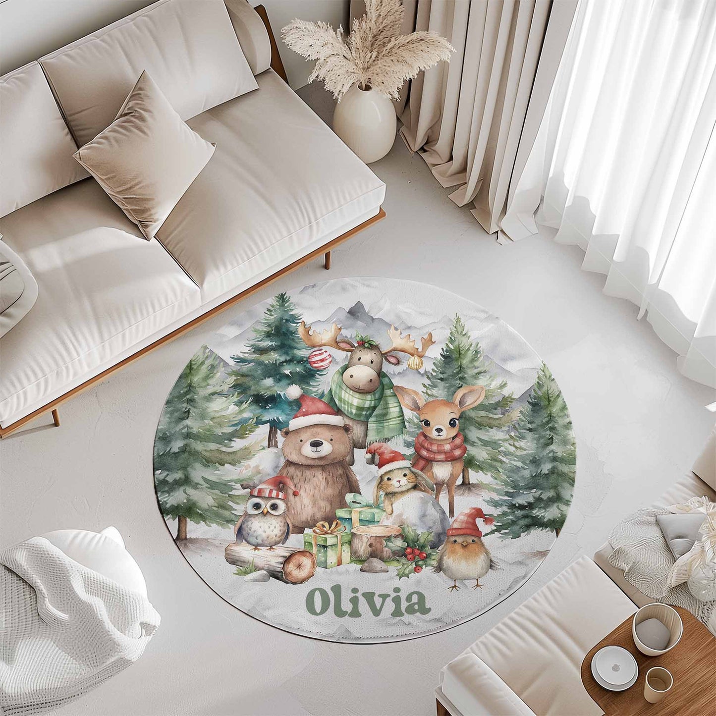 Christmas Woodland Animals Round Rug