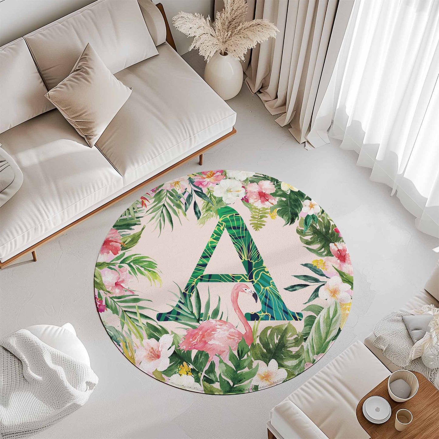 Tropical Flamingo Alphabet Round Rug