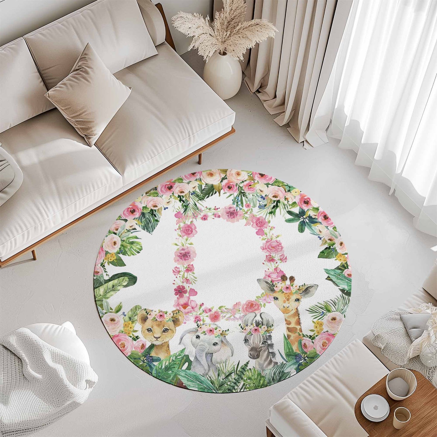 Safari Animals Floral Alphabet Round Rug