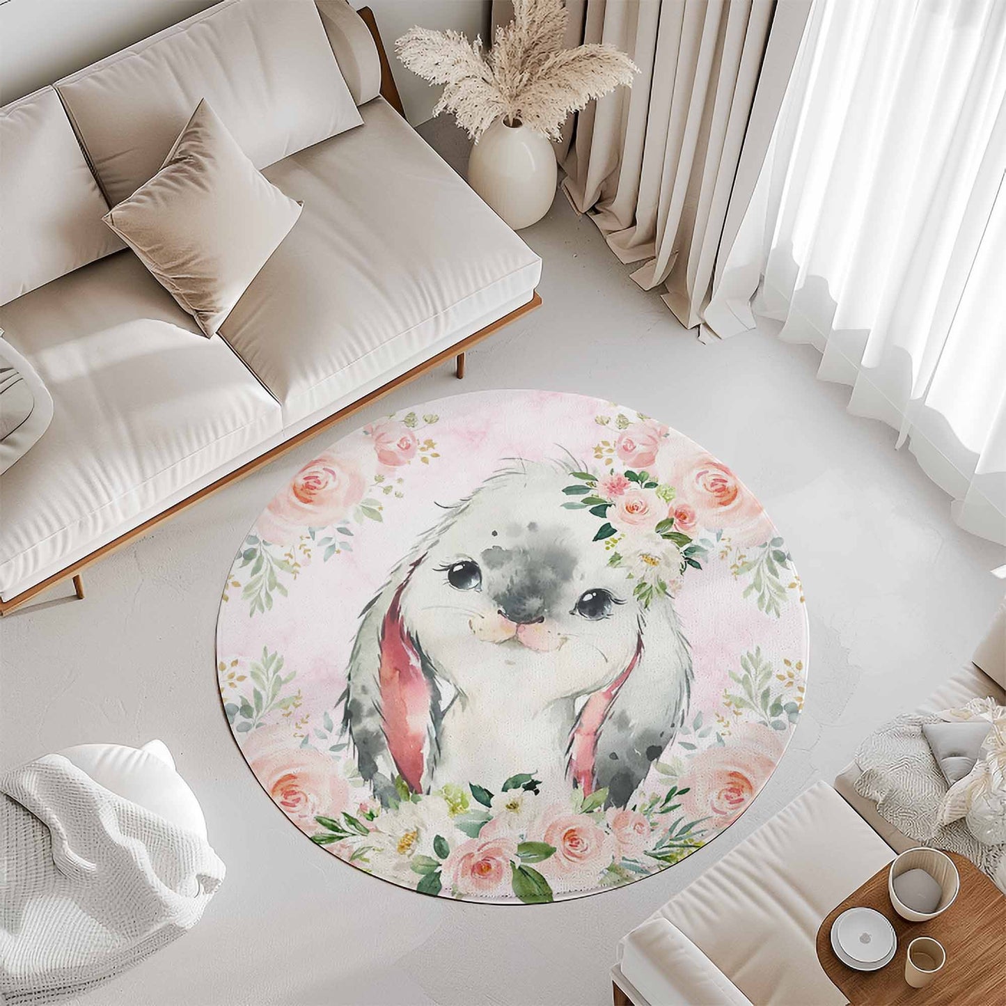 Baby Rabbit Rose Floral Round Rug