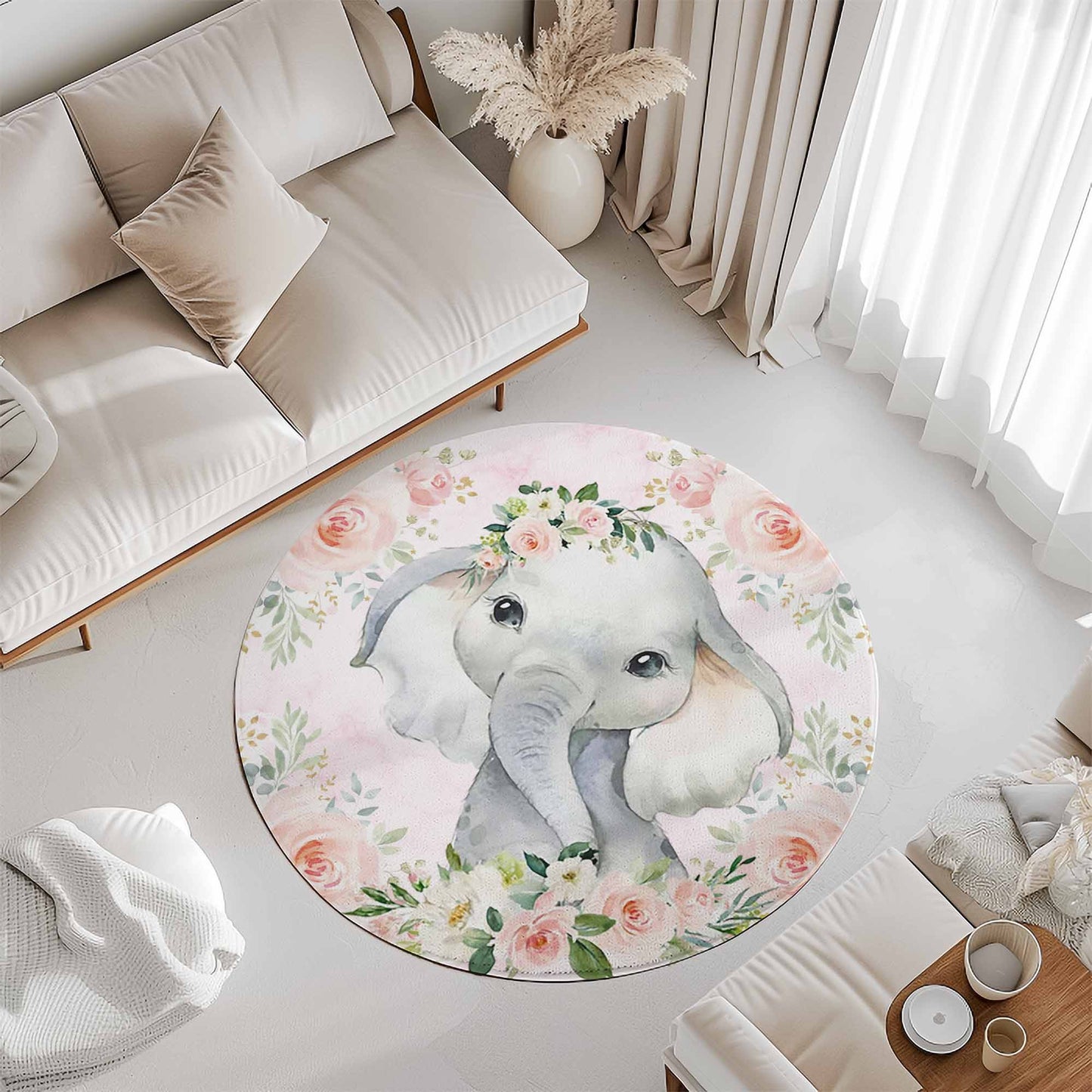 Baby Elephant Rose Floral Round Rug