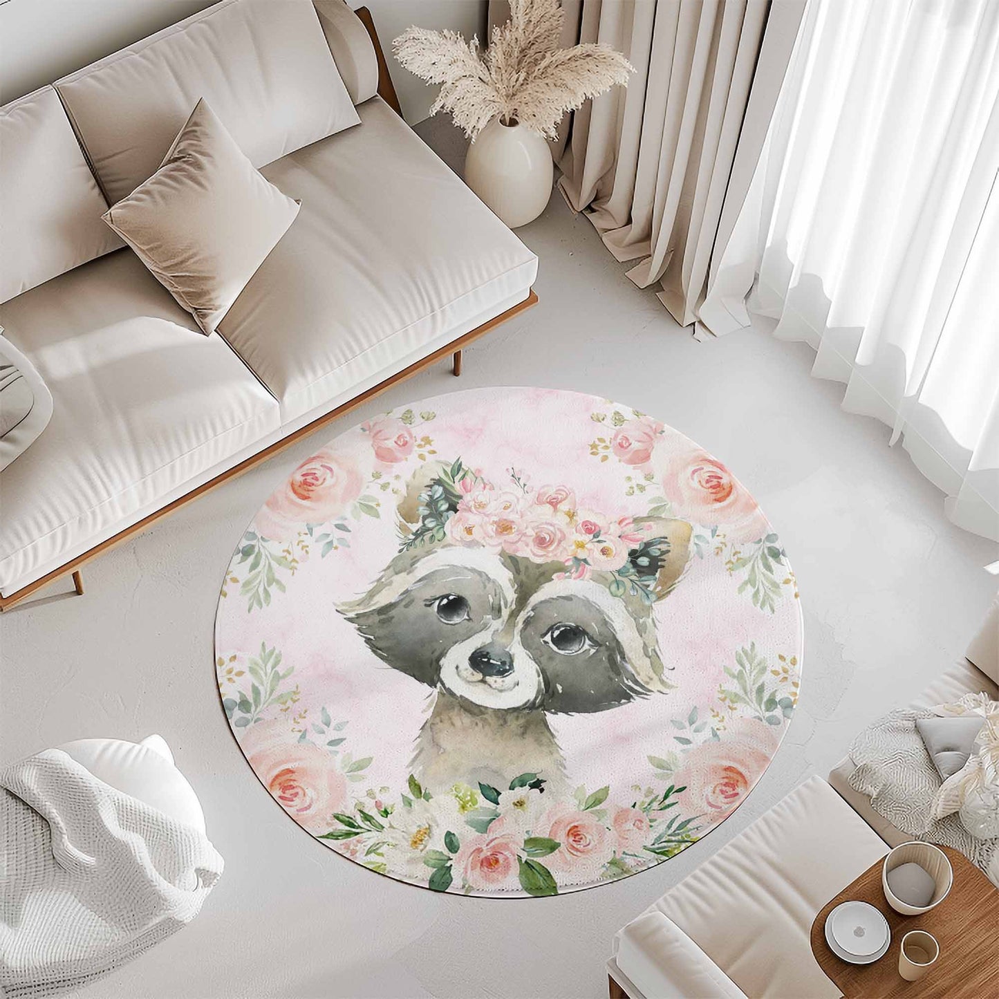 Baby Raccoon Rose Floral Round Rug