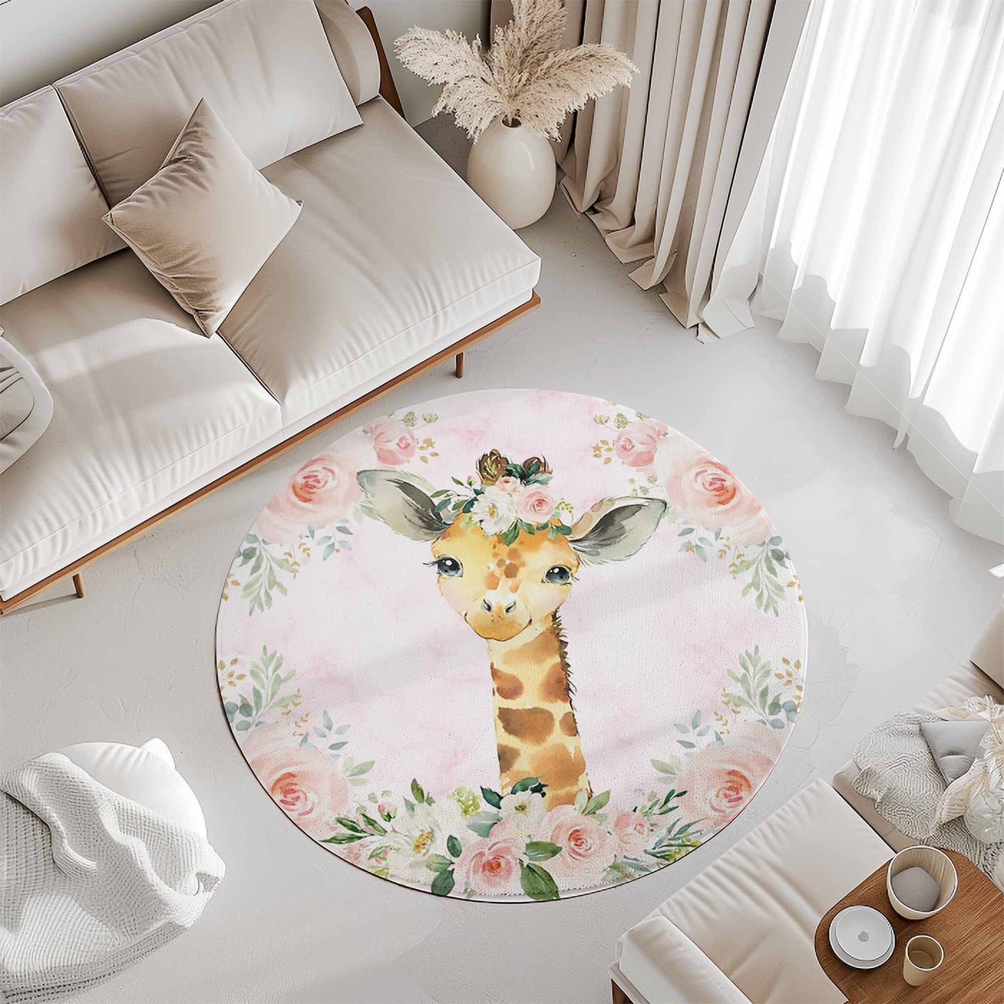 Baby Giraffe Rose Floral Round Rug