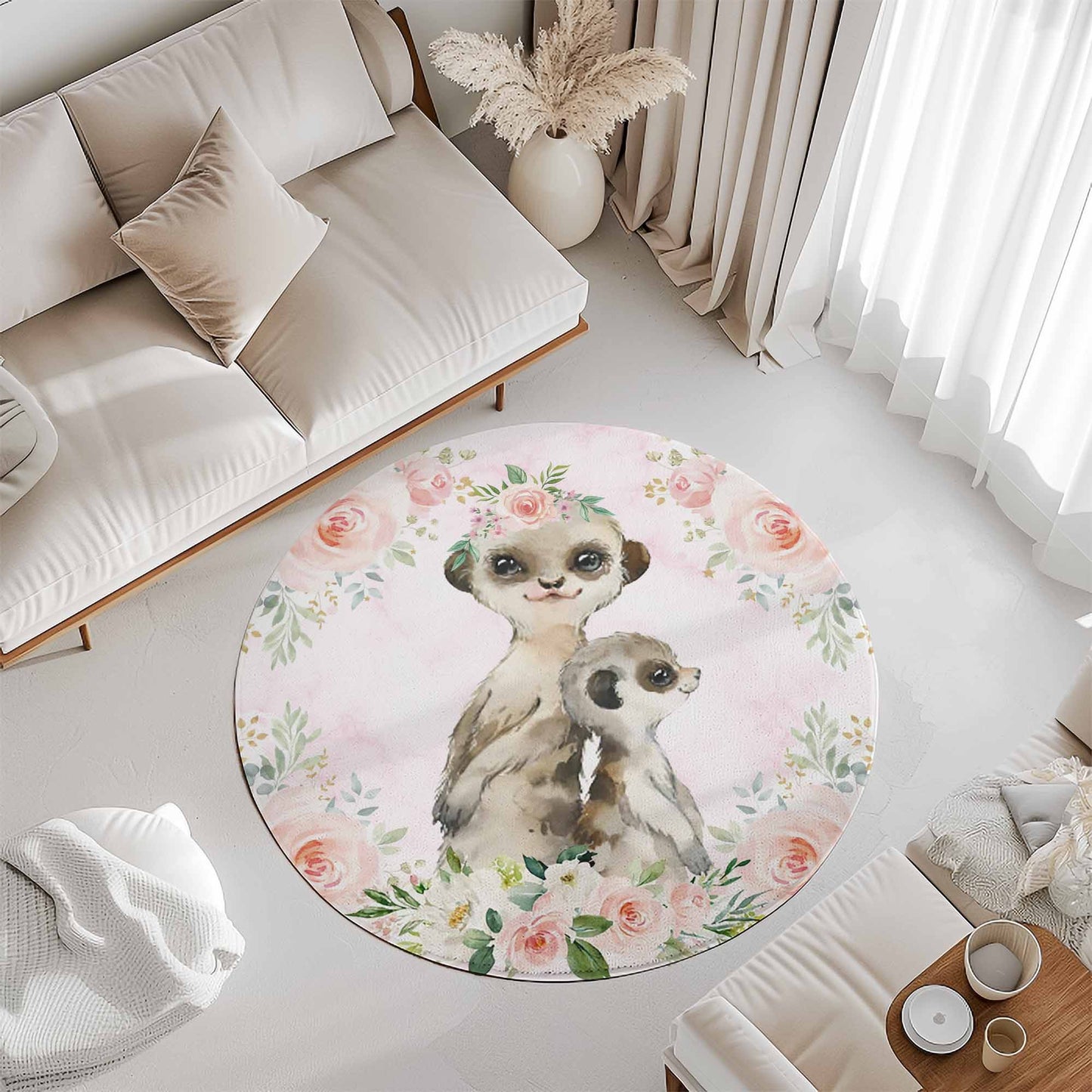 Mom And Baby Meerkat Rose Floral Round Rug
