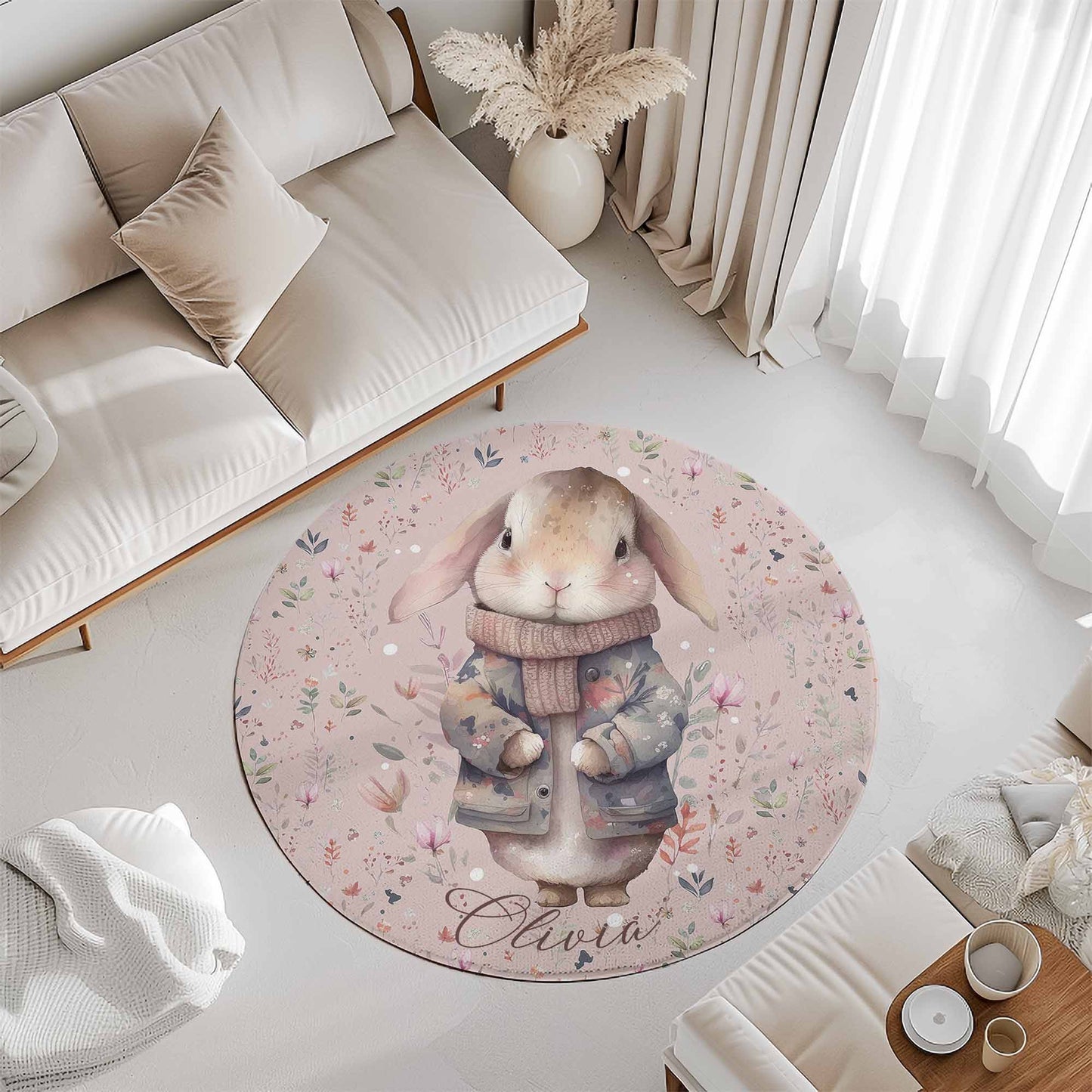 Floral Bunny Round Rug