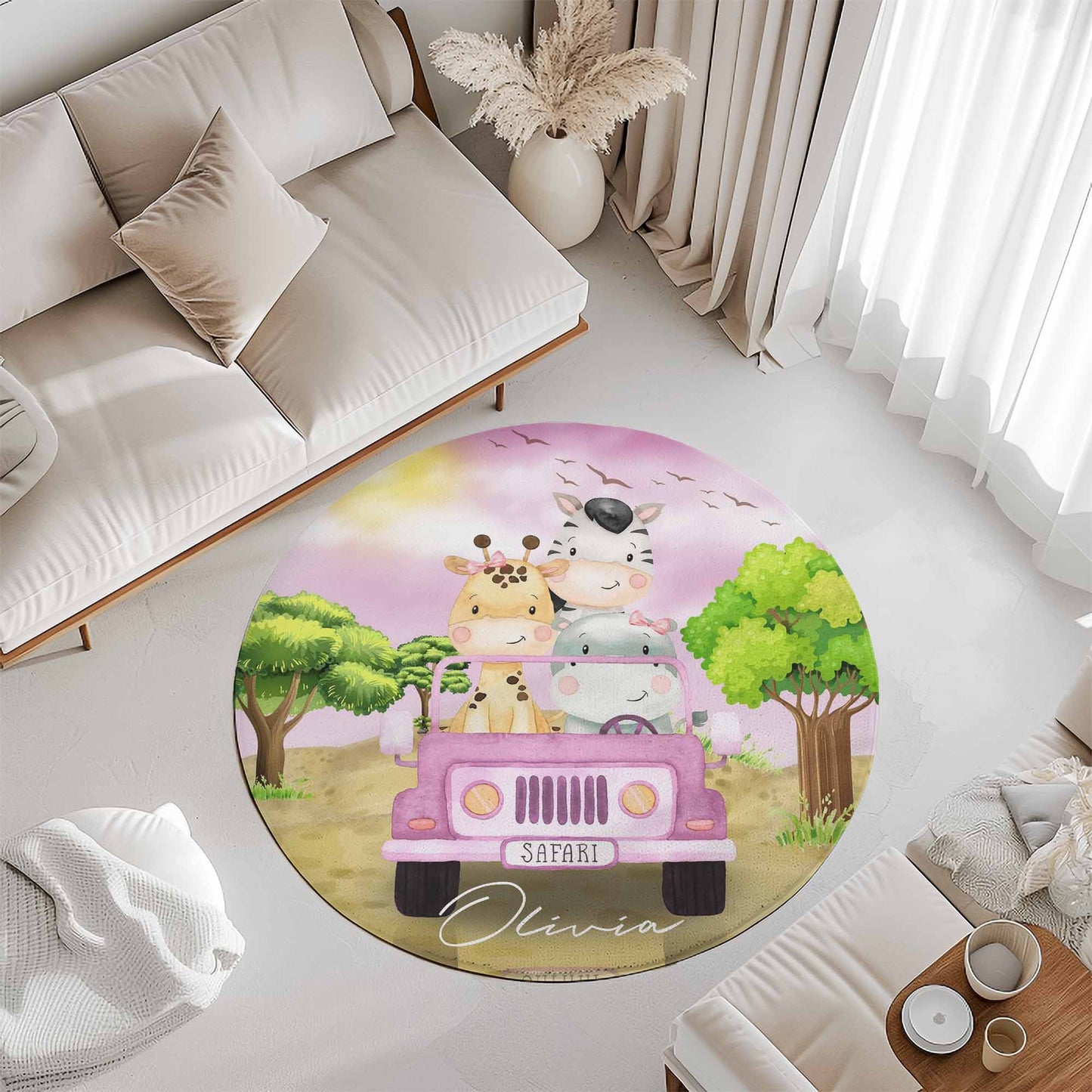 Safari Animals In Car Round Rug