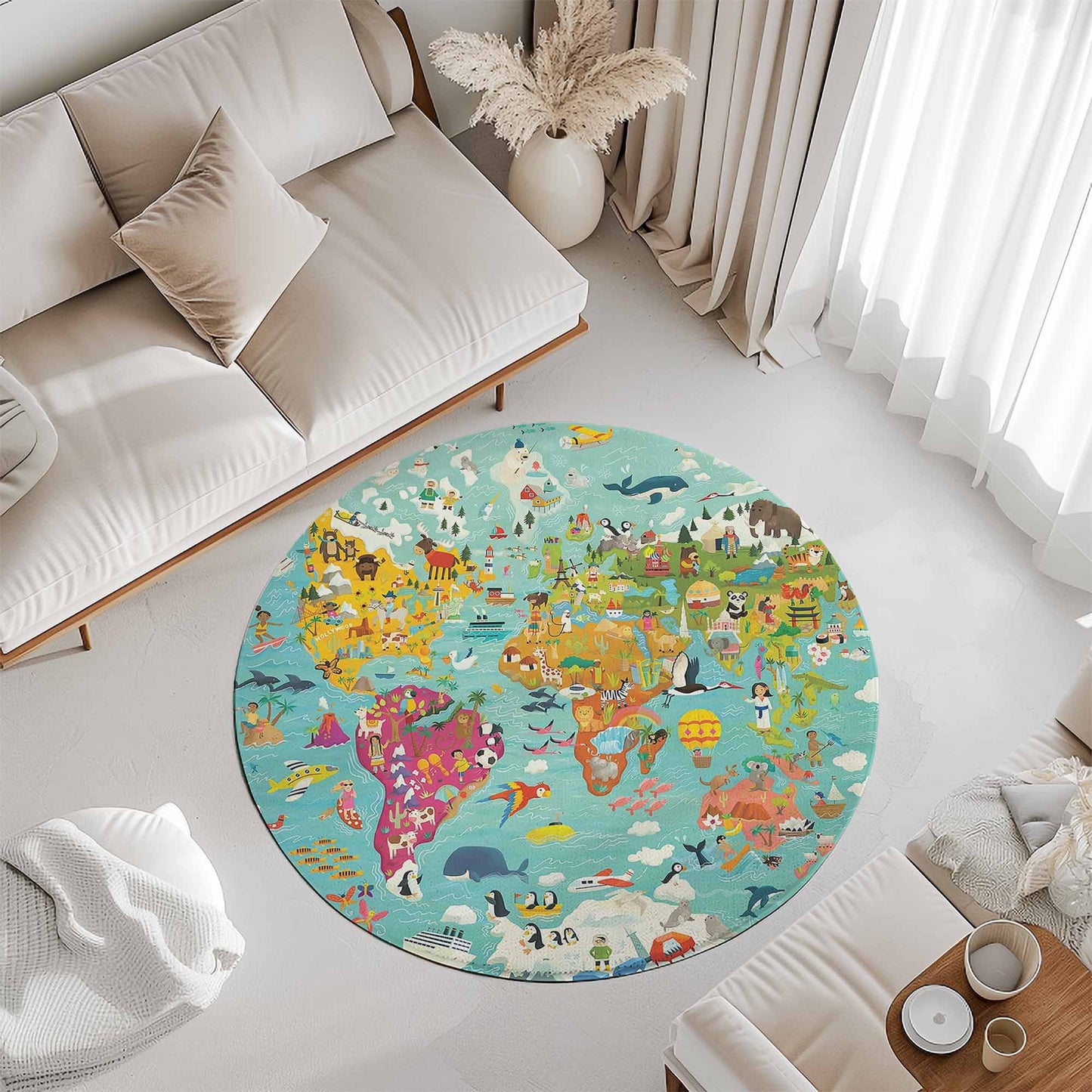 Animal World Map Round Rug