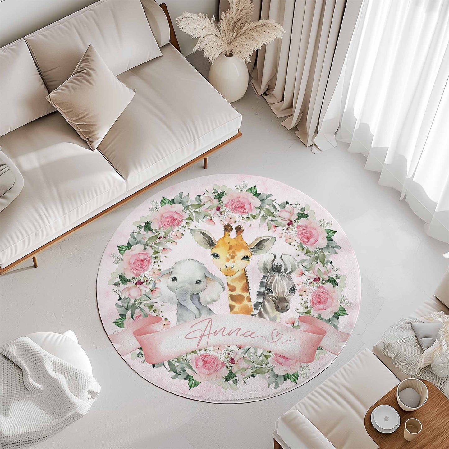 Safari Animals Rose Floral Round Rug