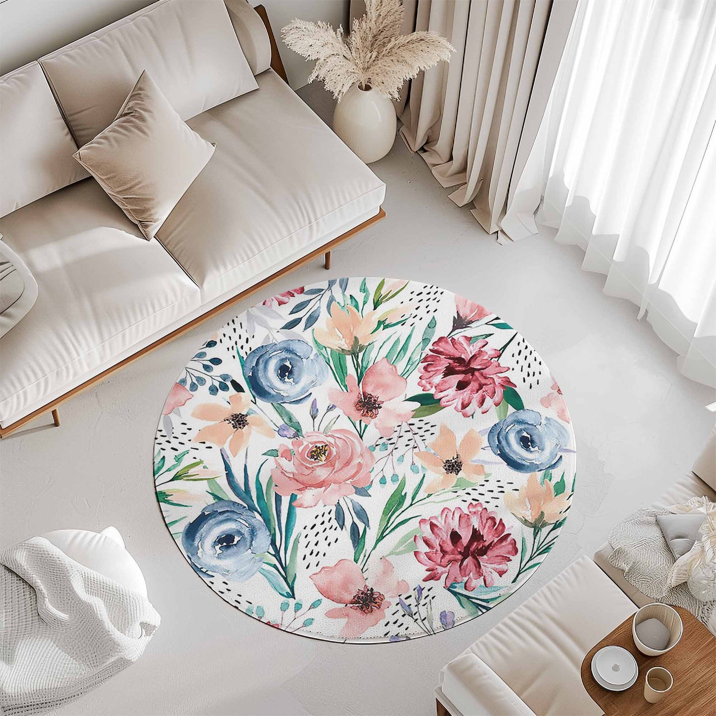 Blue Red Floral Round Rug