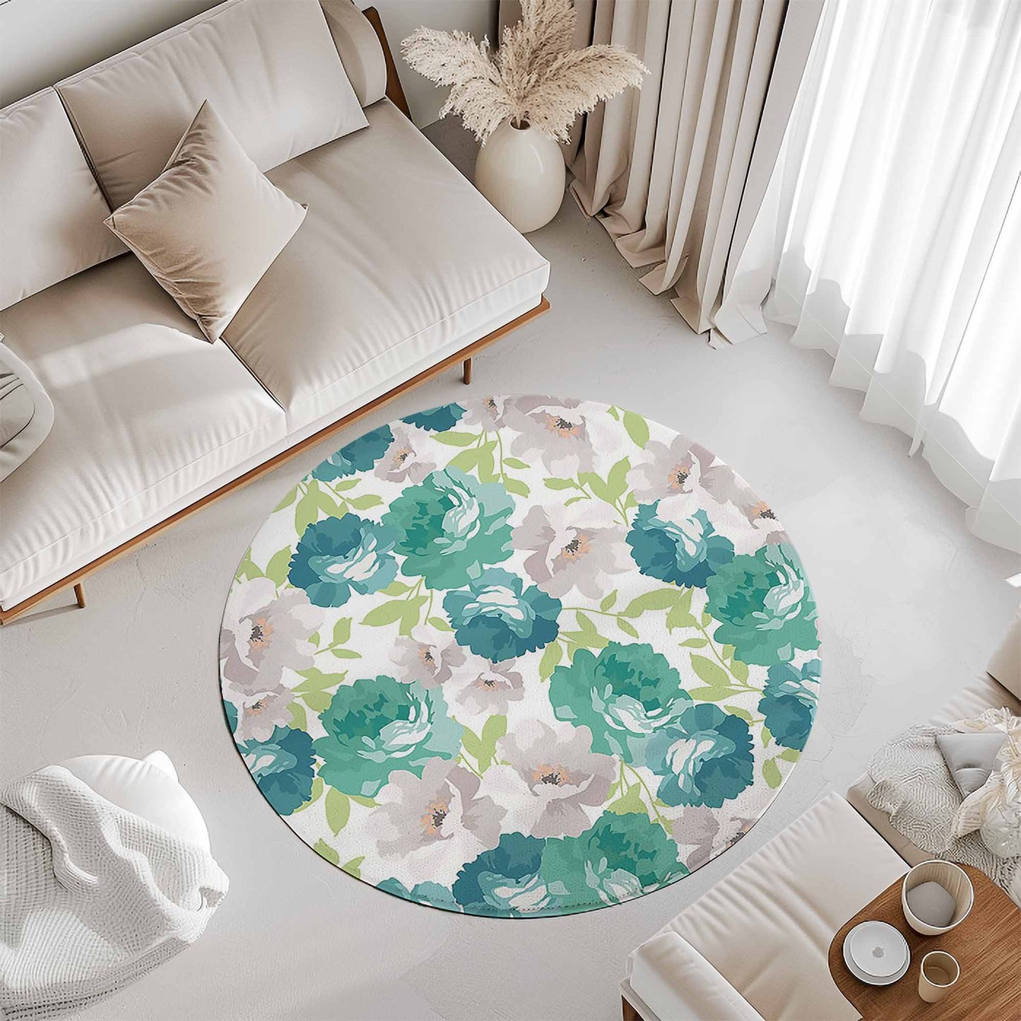 Green White Floral Round Rug