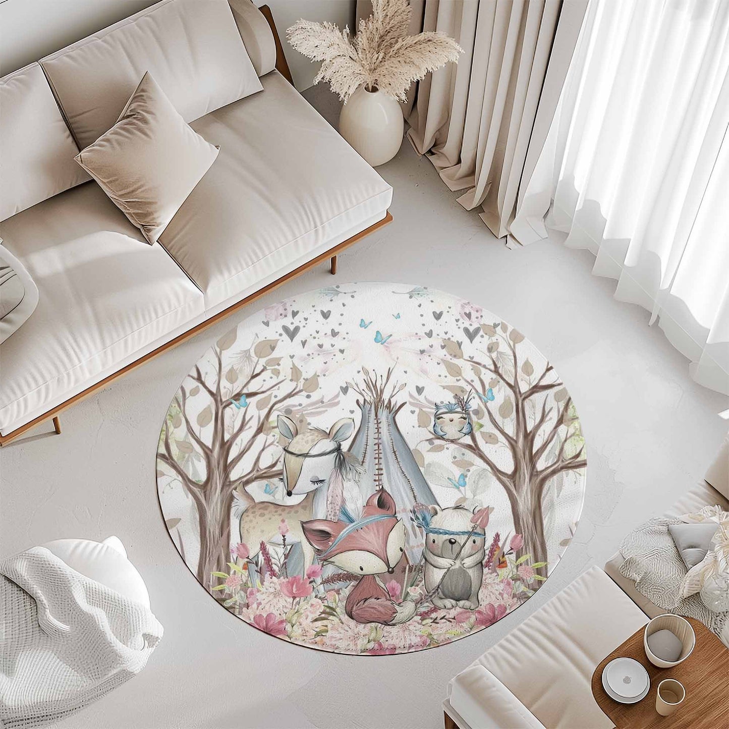 Boho Woodland Animals Round Rug