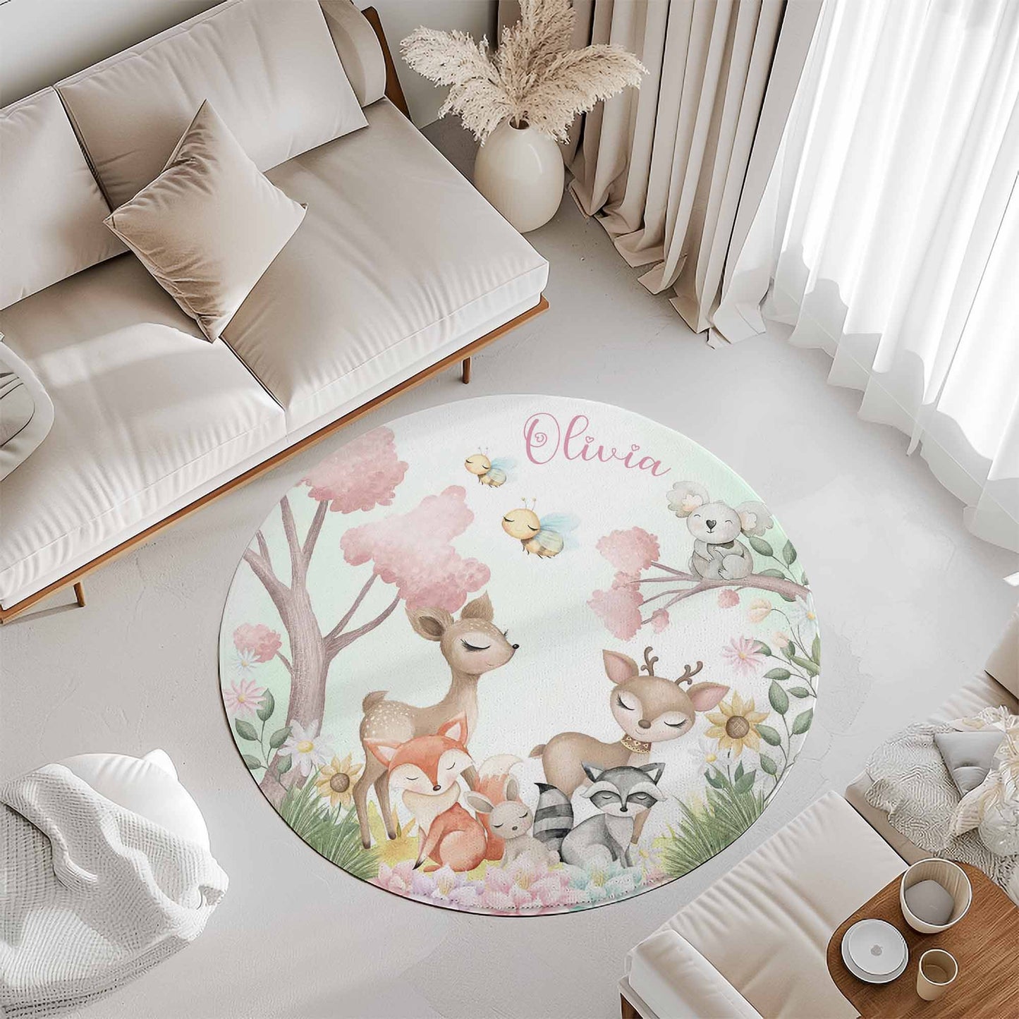 Woodland Animals Floral Round Rug