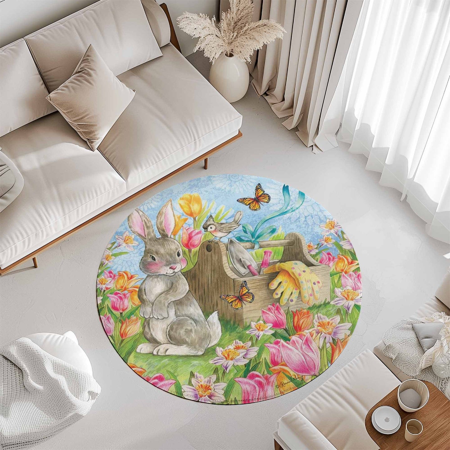 Spring Floral Bunny Round Rug