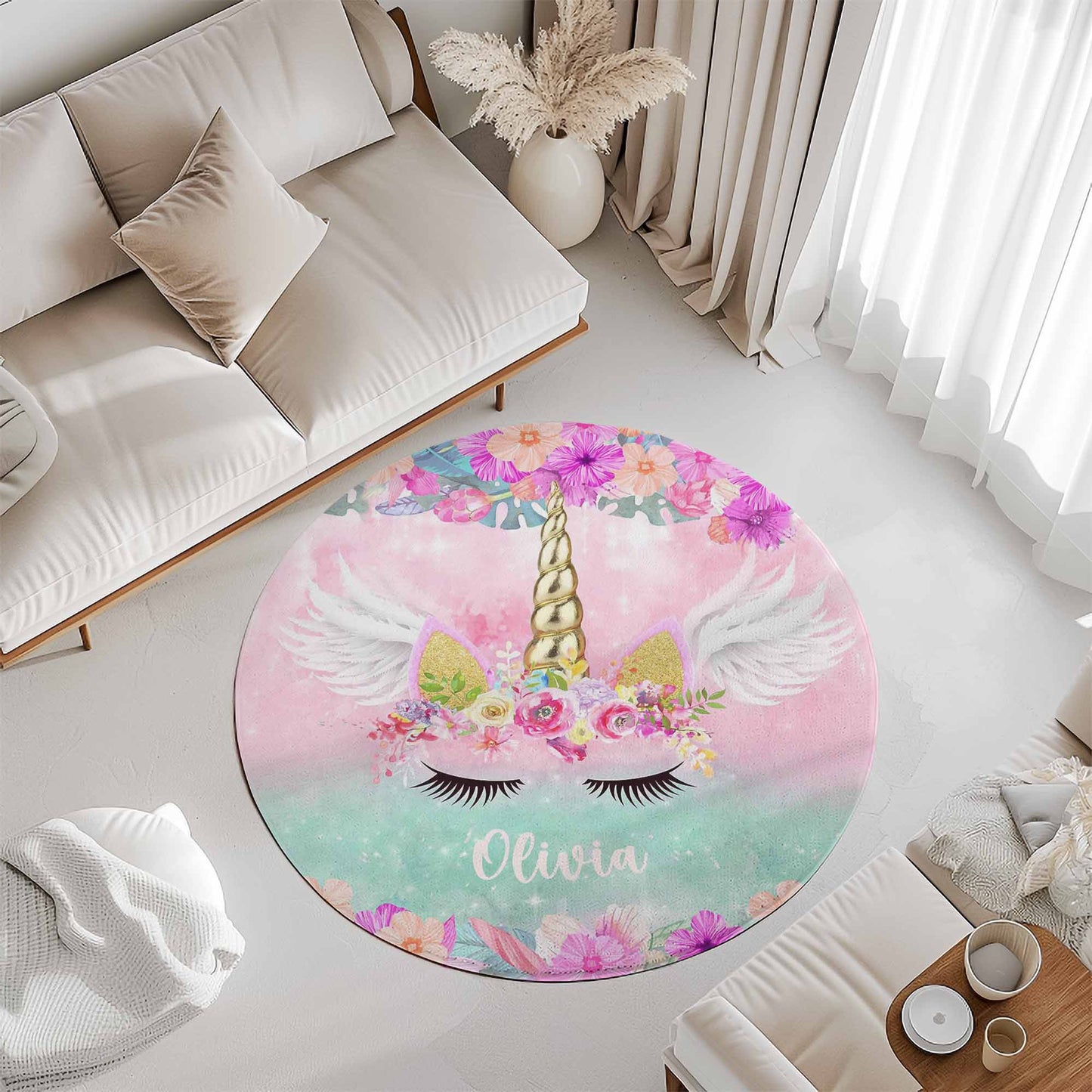 Floral Unicorn Face Round Rug