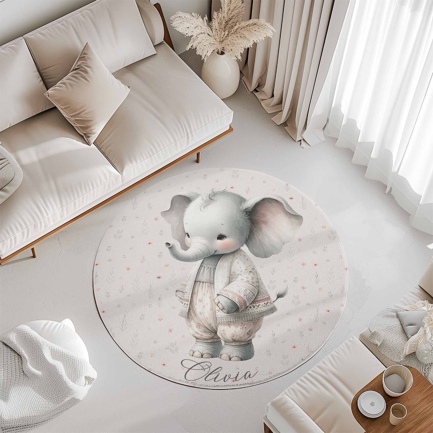 Spring Floral Elephant Round Rug