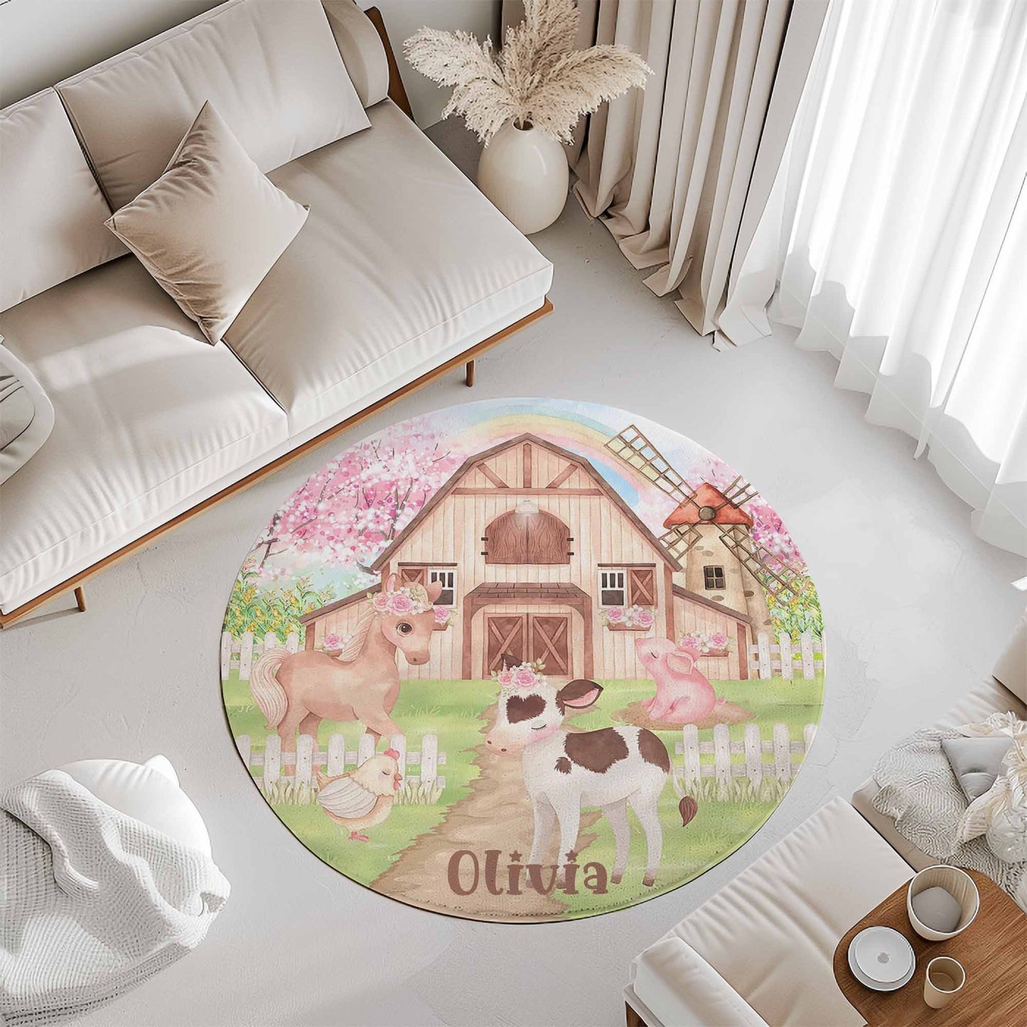 Farm Animals Floral Round Rug