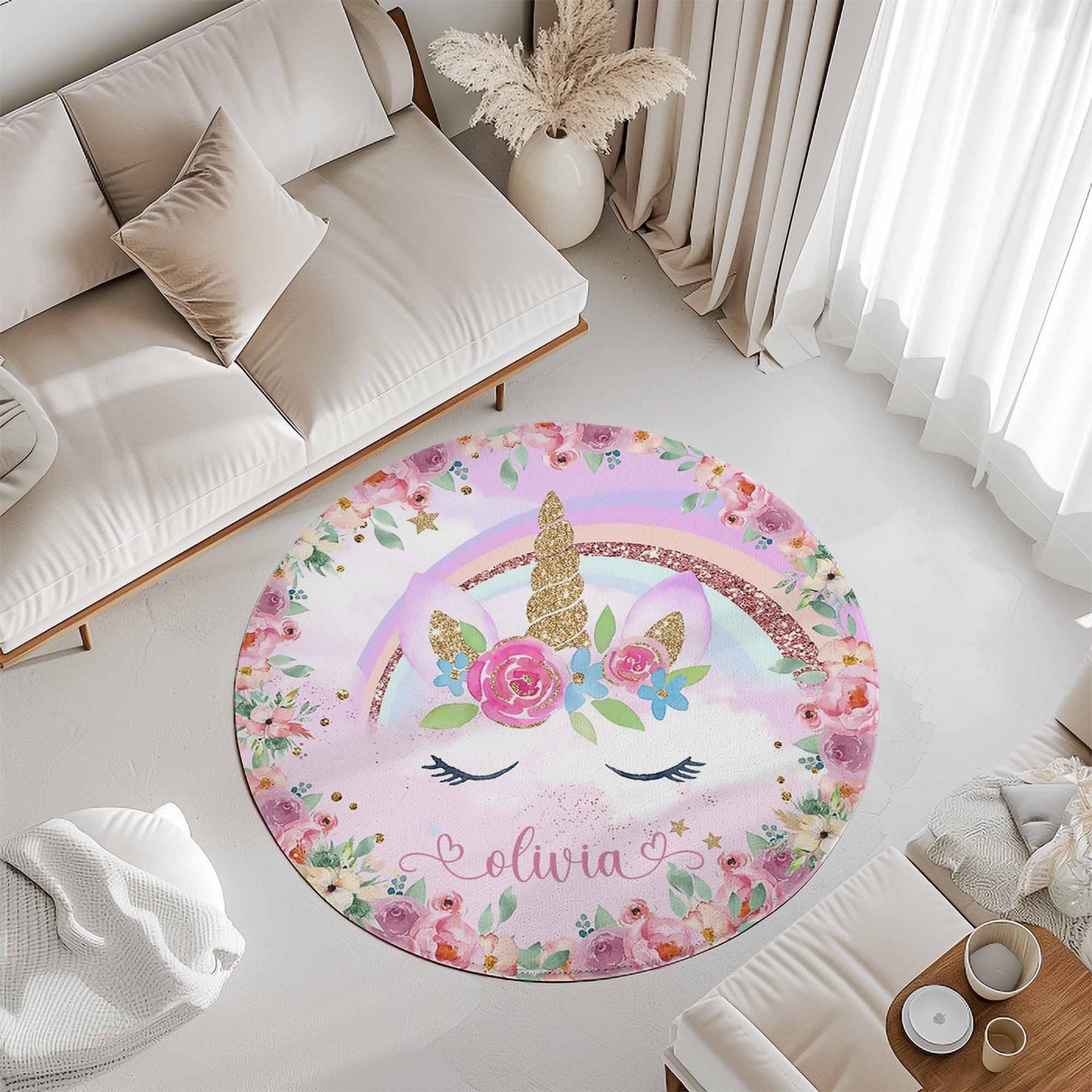 Unicorn Face Floral Round Rug