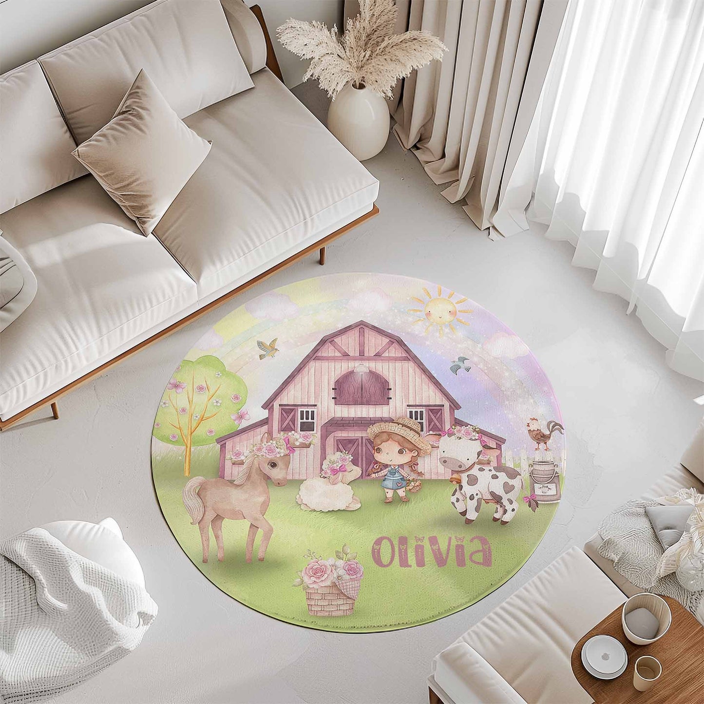Farm Animals Girl Round Rug