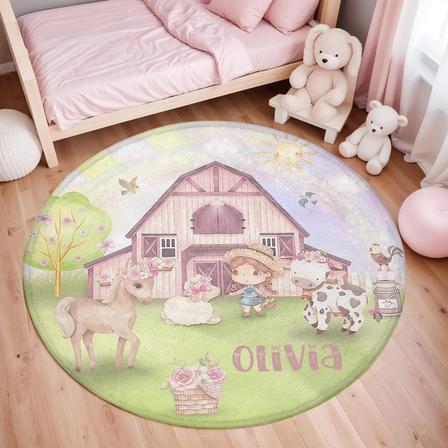 Farm Animals Girl Round Rug