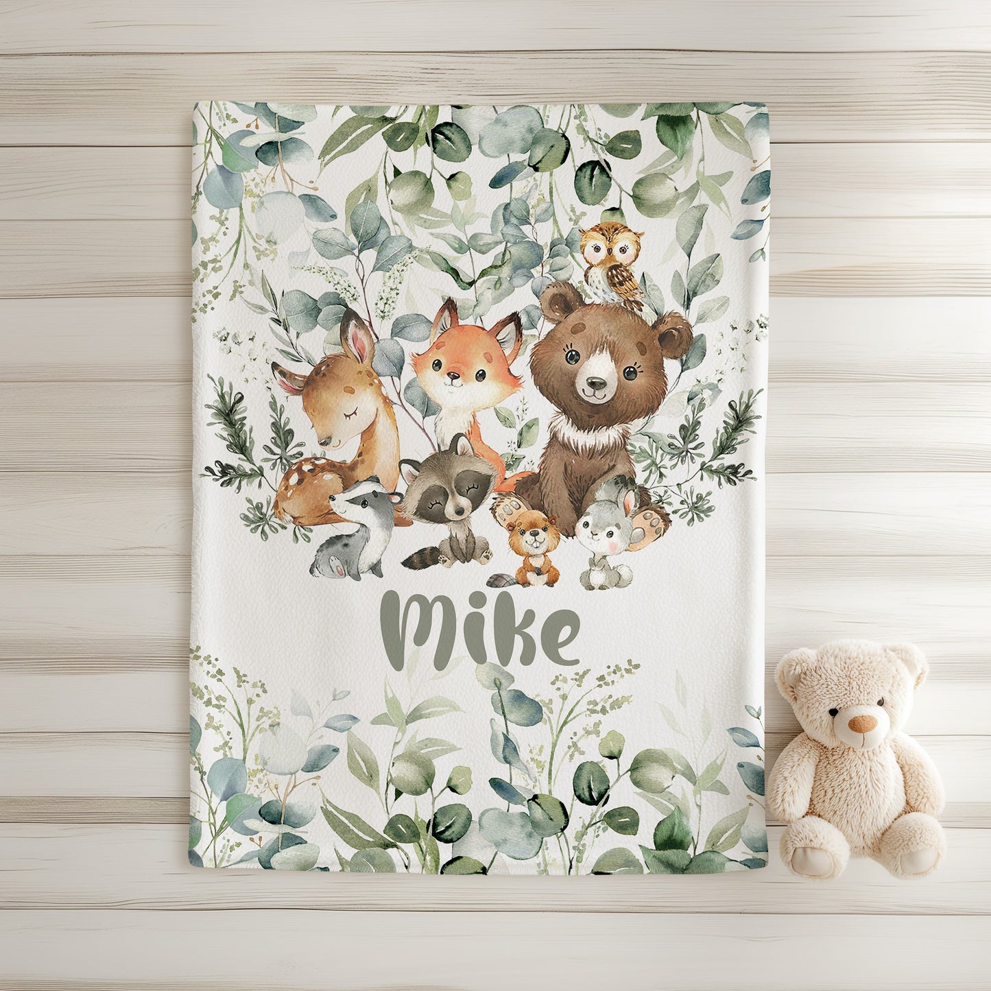 Woodland Animals Green Leaves Blanket