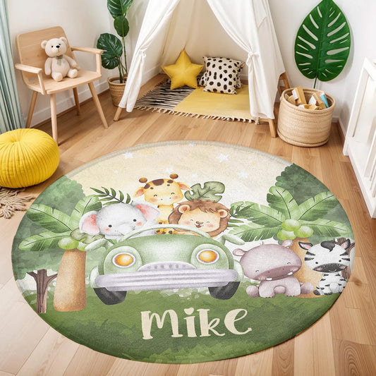 Safari Animals In Car Round Rug